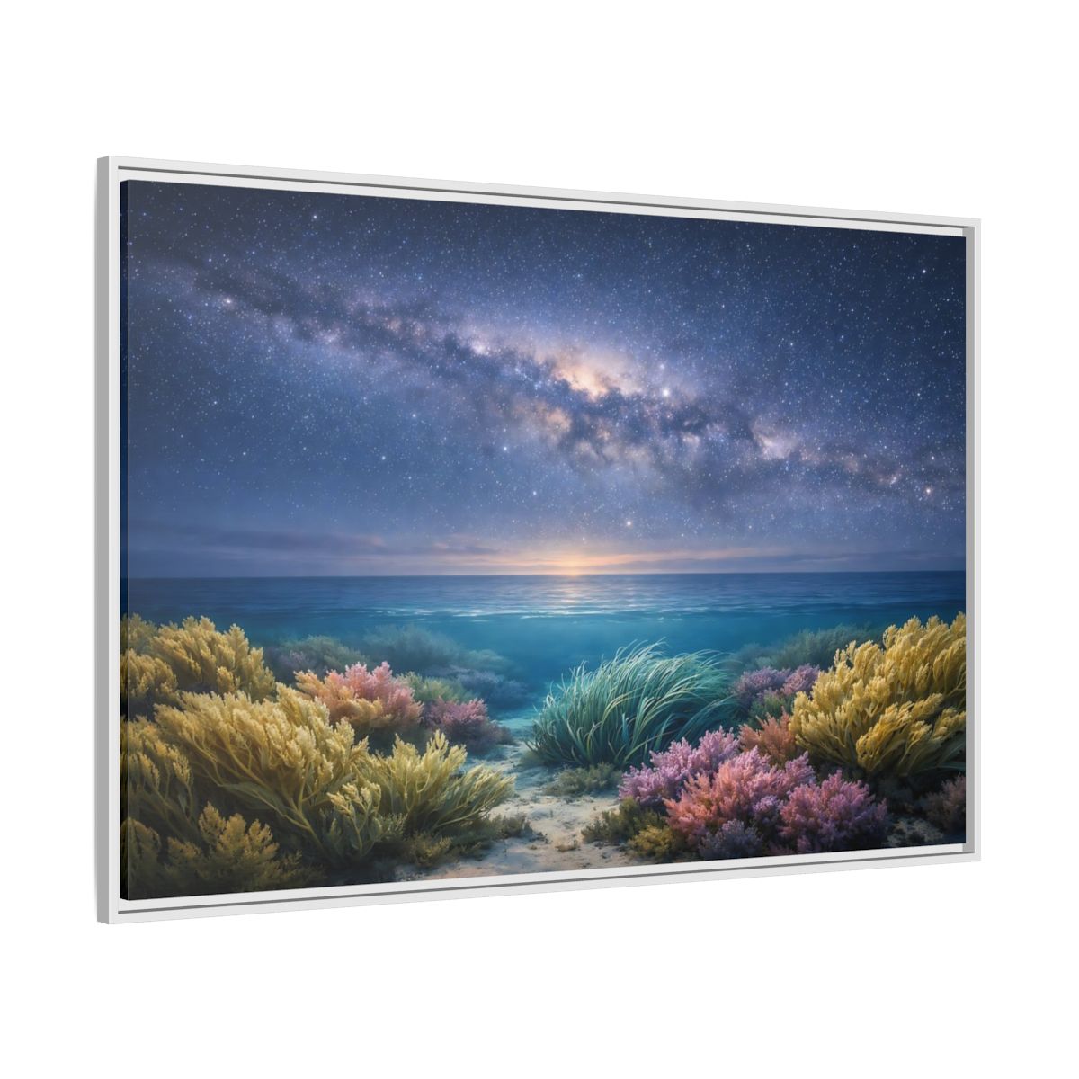 Side Mockup 7. Nature Underwater Seascape Blue And Gold shown as stretched canvas wall art