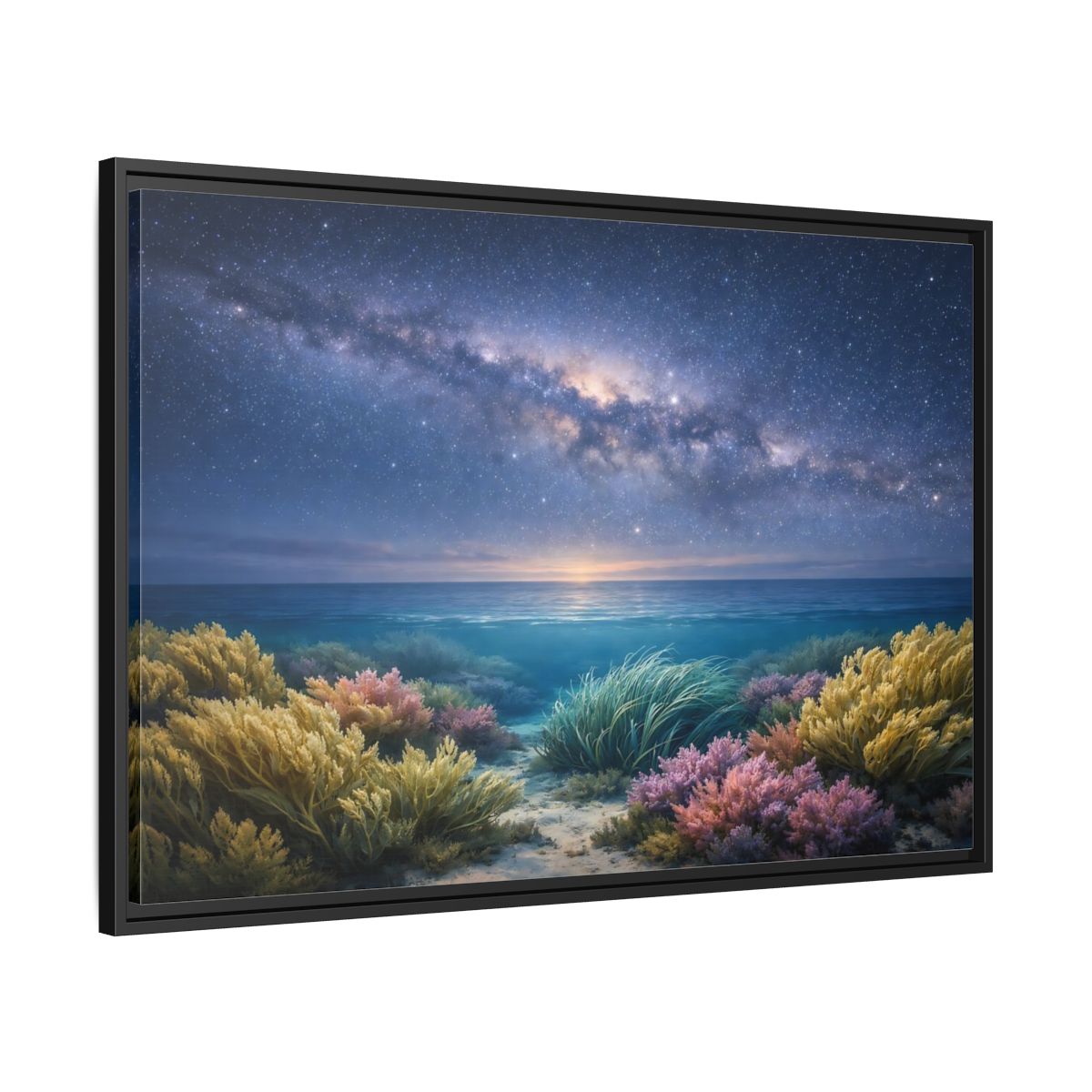 Side Mockup 13. Nature Underwater Seascape Blue And Gold shown as stretched canvas wall art