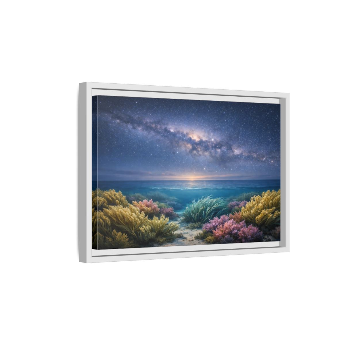 Side Mockup 4. Nature Underwater Seascape Blue And Gold shown as stretched canvas wall art
