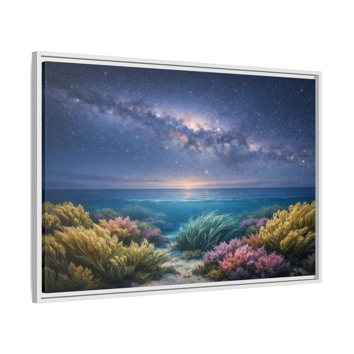 Side Mockup 9. Nature Underwater Seascape Blue And Gold shown as stretched canvas wall art