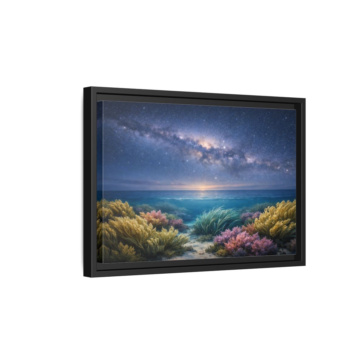 Side Mockup 6. Nature Underwater Seascape Blue And Gold shown as stretched canvas wall art