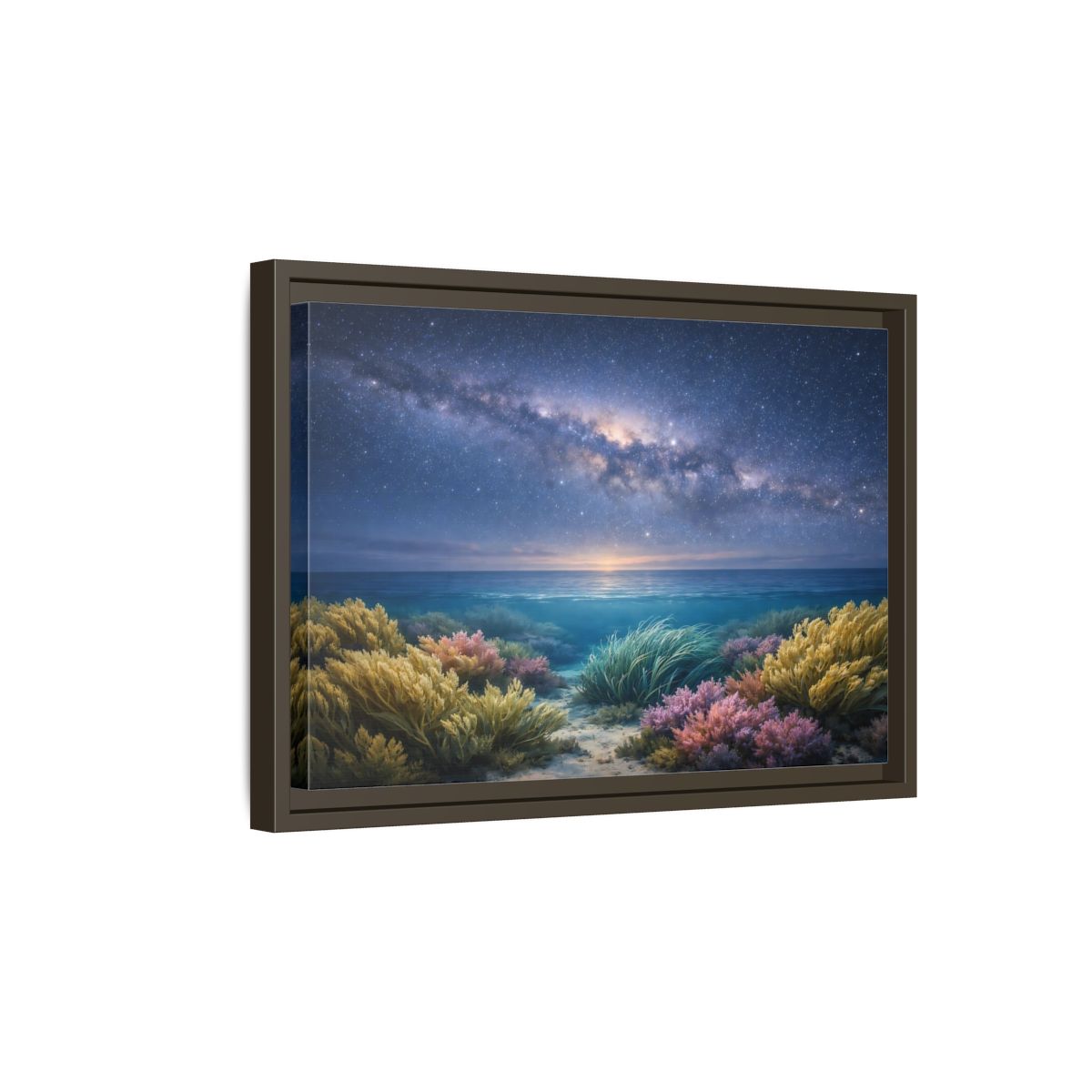 Side Mockup 5. Nature Underwater Seascape Blue And Gold shown as stretched canvas wall art