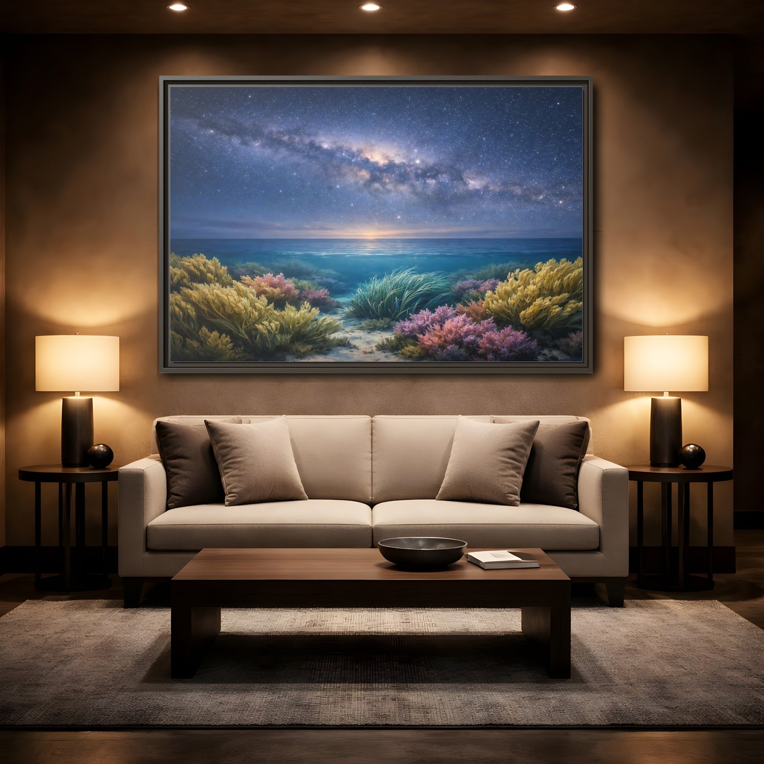 Mockup 2. Nature Underwater Seascape Blue And Gold shown as stretched canvas wall art