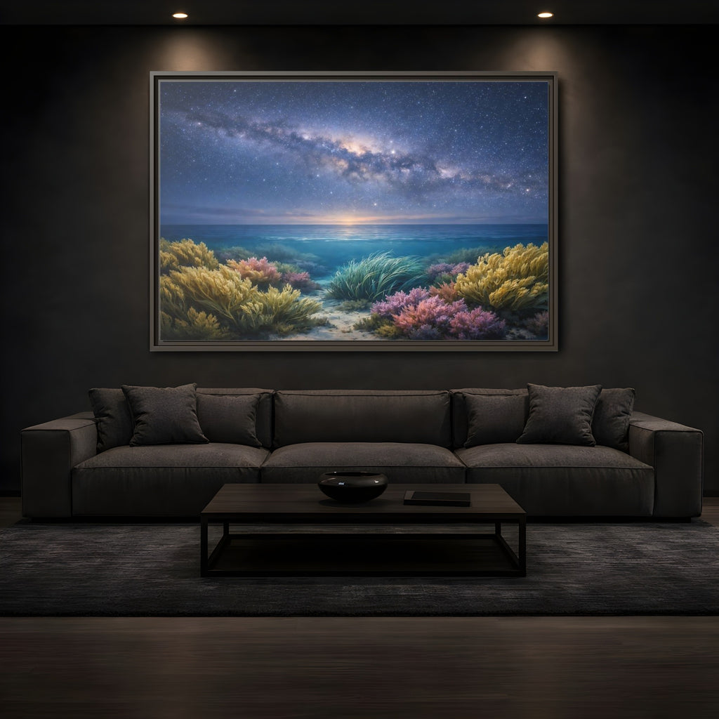 Mockup 3. Nature Underwater Seascape Blue And Gold shown as stretched canvas wall art