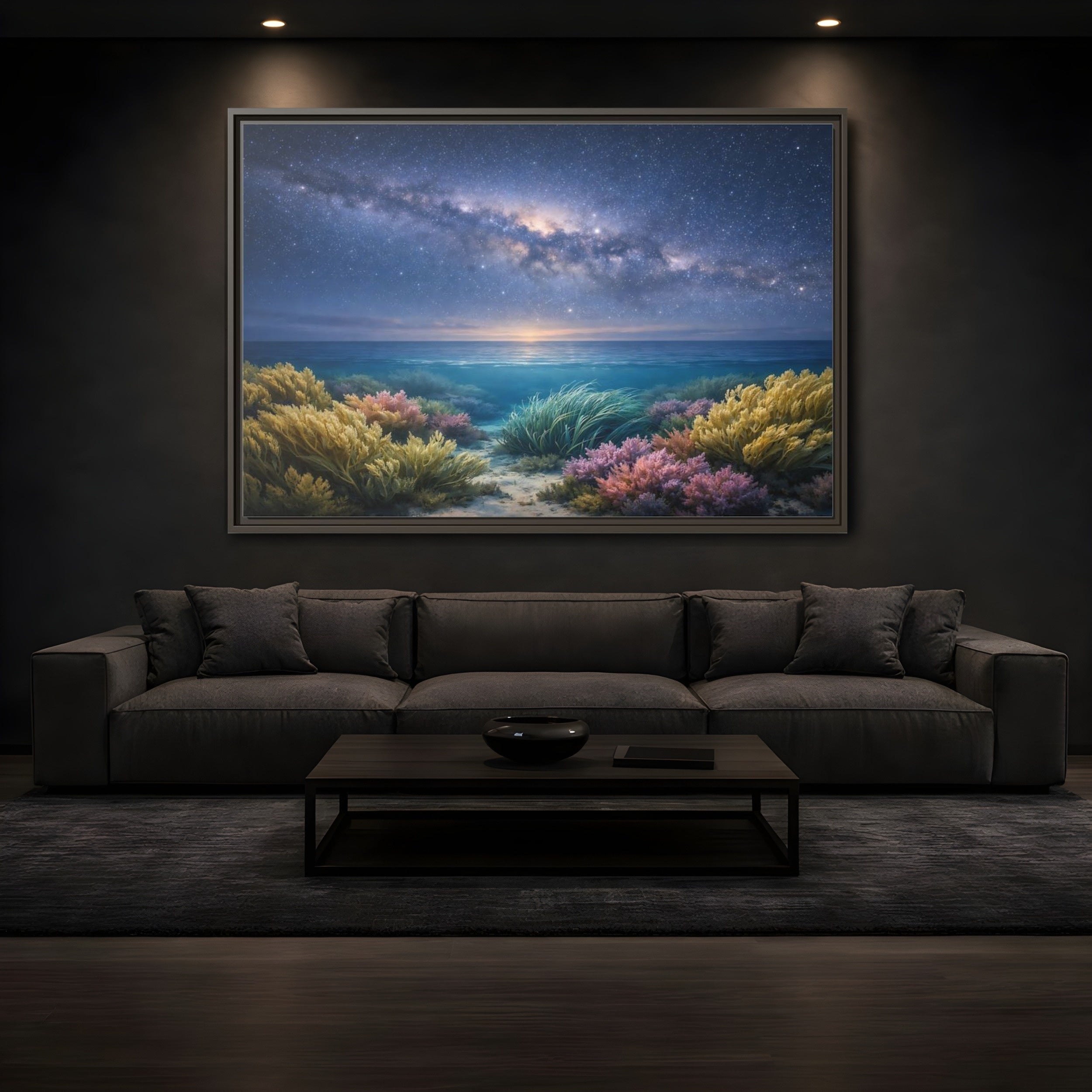 Mockup 3. Nature Underwater Seascape Blue And Gold shown as stretched canvas wall art