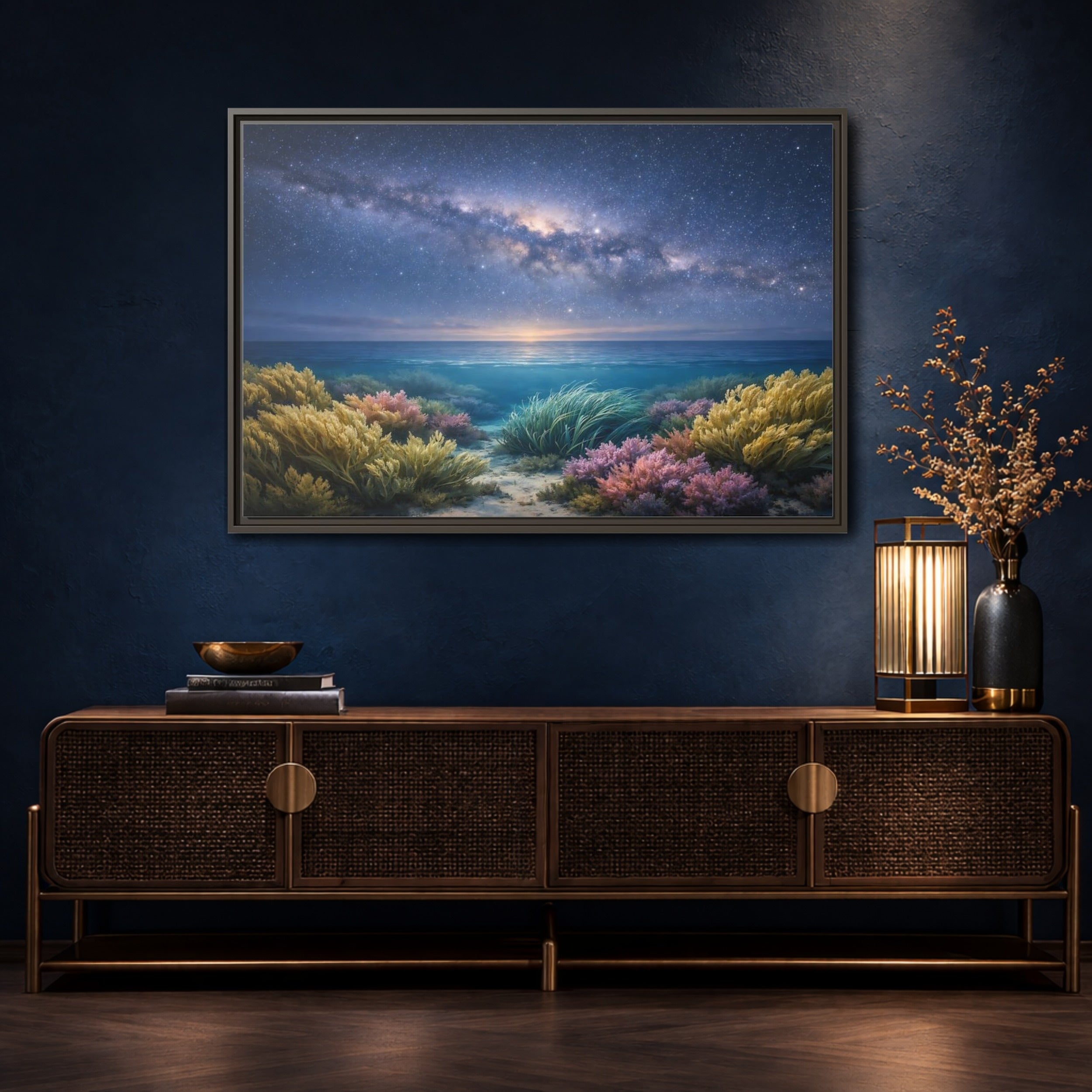 Mockup 4. Nature Underwater Seascape Blue And Gold shown as stretched canvas wall art
