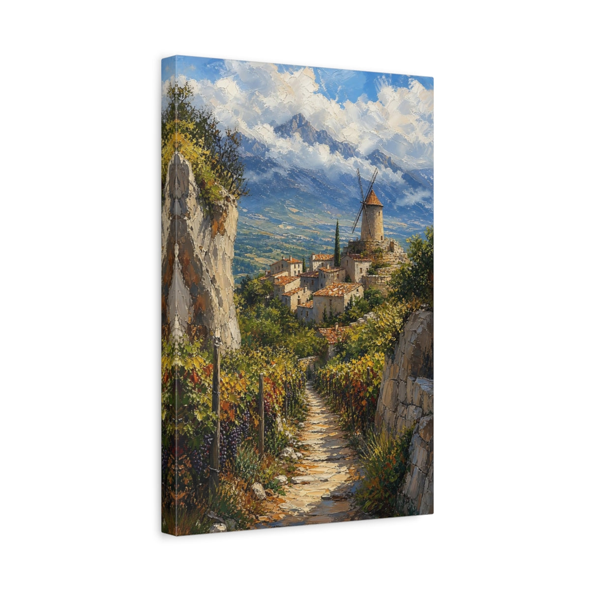Side Mockup 4. Nature Village Windmill Mediterranean Village shown as stretched canvas wall art