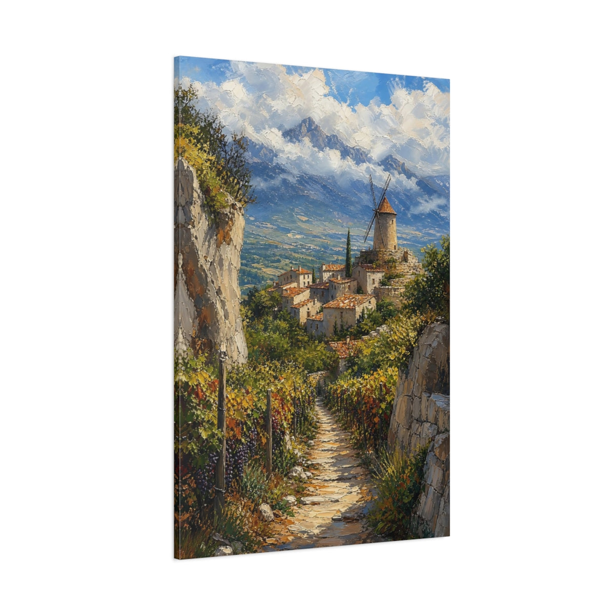 Side Mockup 1. Nature Village Windmill Mediterranean Village shown as stretched canvas wall art