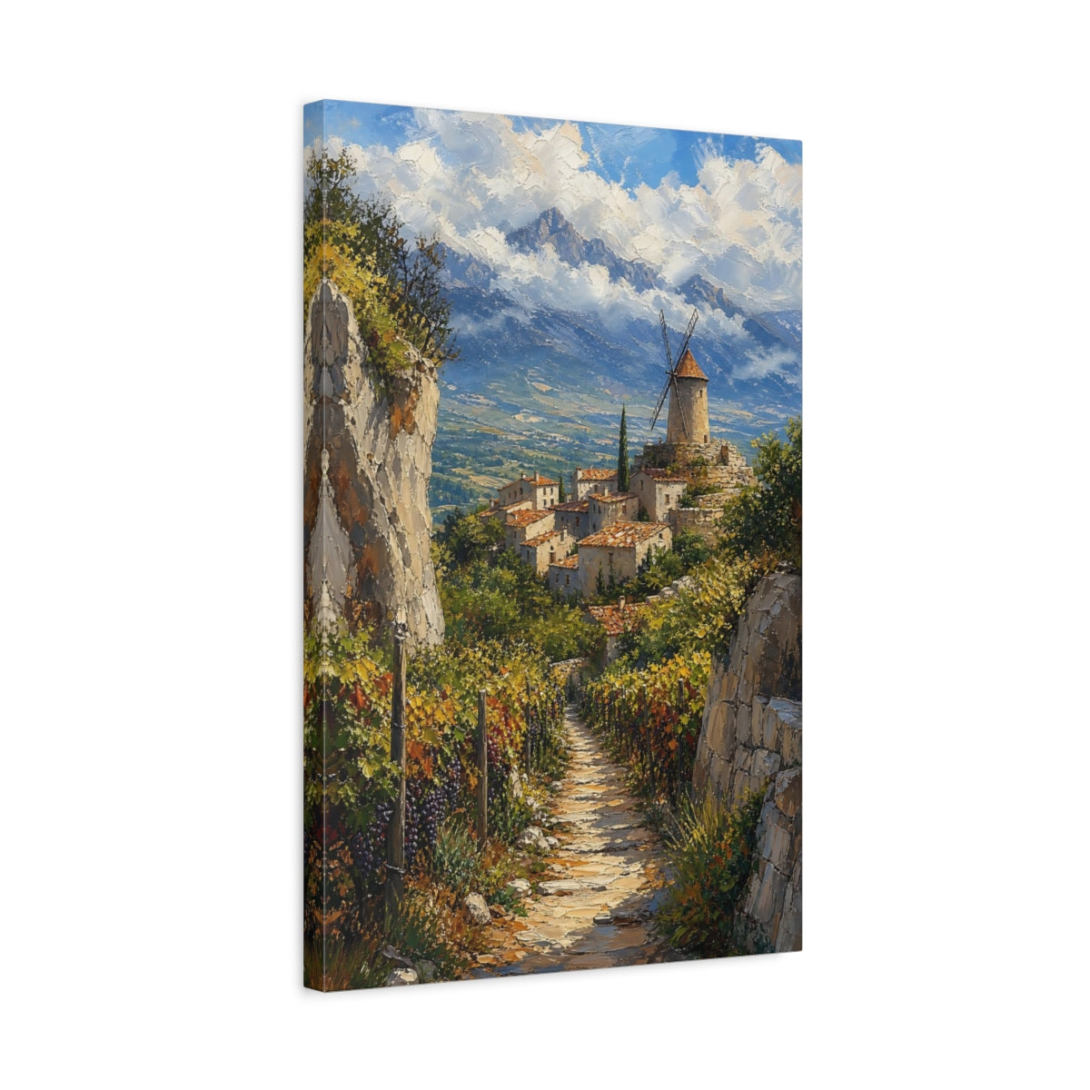 Side Mockup 3. Nature Village Windmill Mediterranean Village shown as stretched canvas wall art