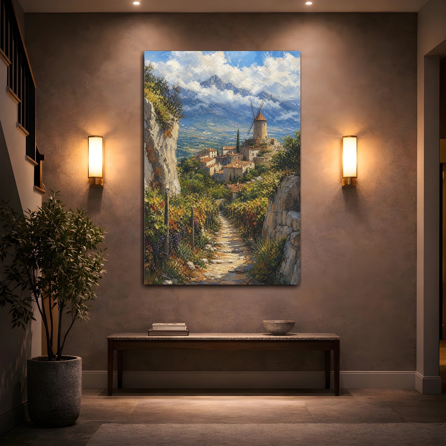 Mockup 2. Nature Village Windmill Mediterranean Village shown as stretched canvas wall art