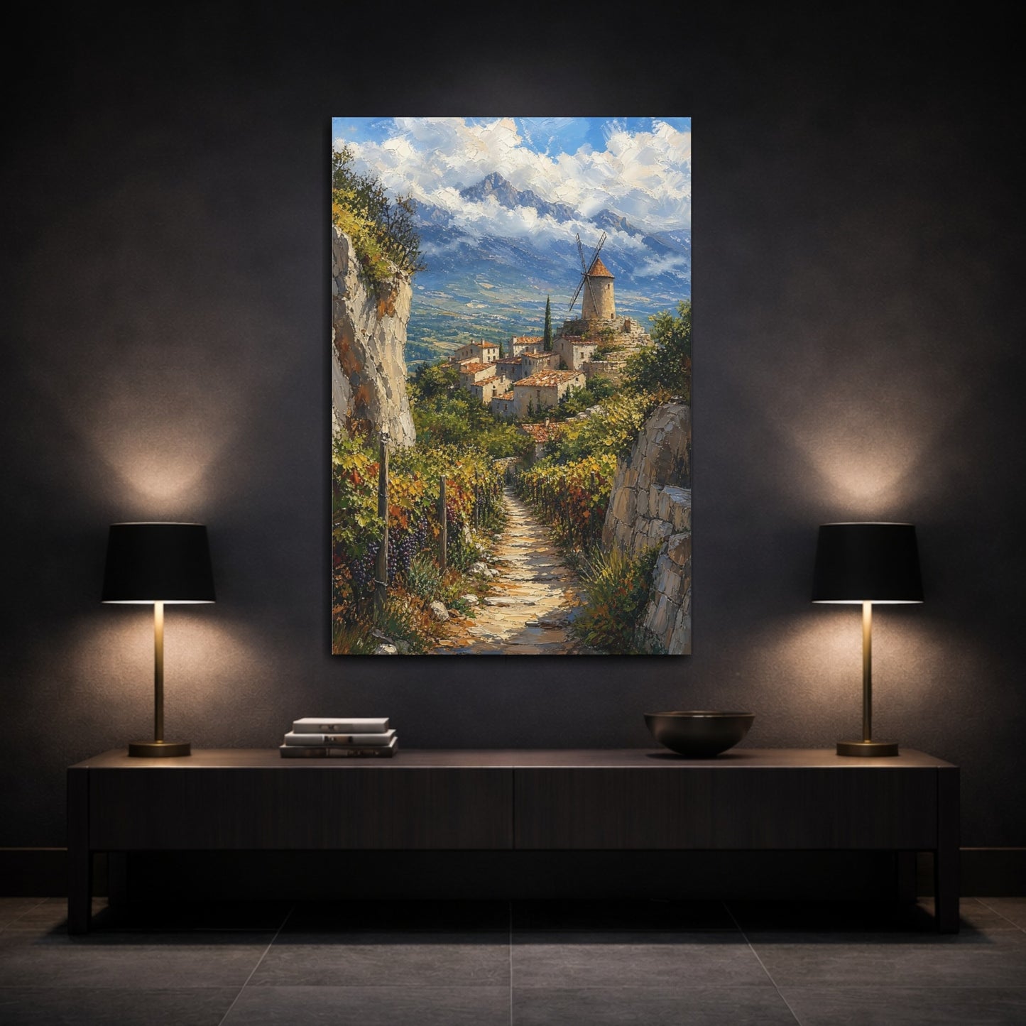 Mockup 3. Nature Village Windmill Mediterranean Village shown as stretched canvas wall art