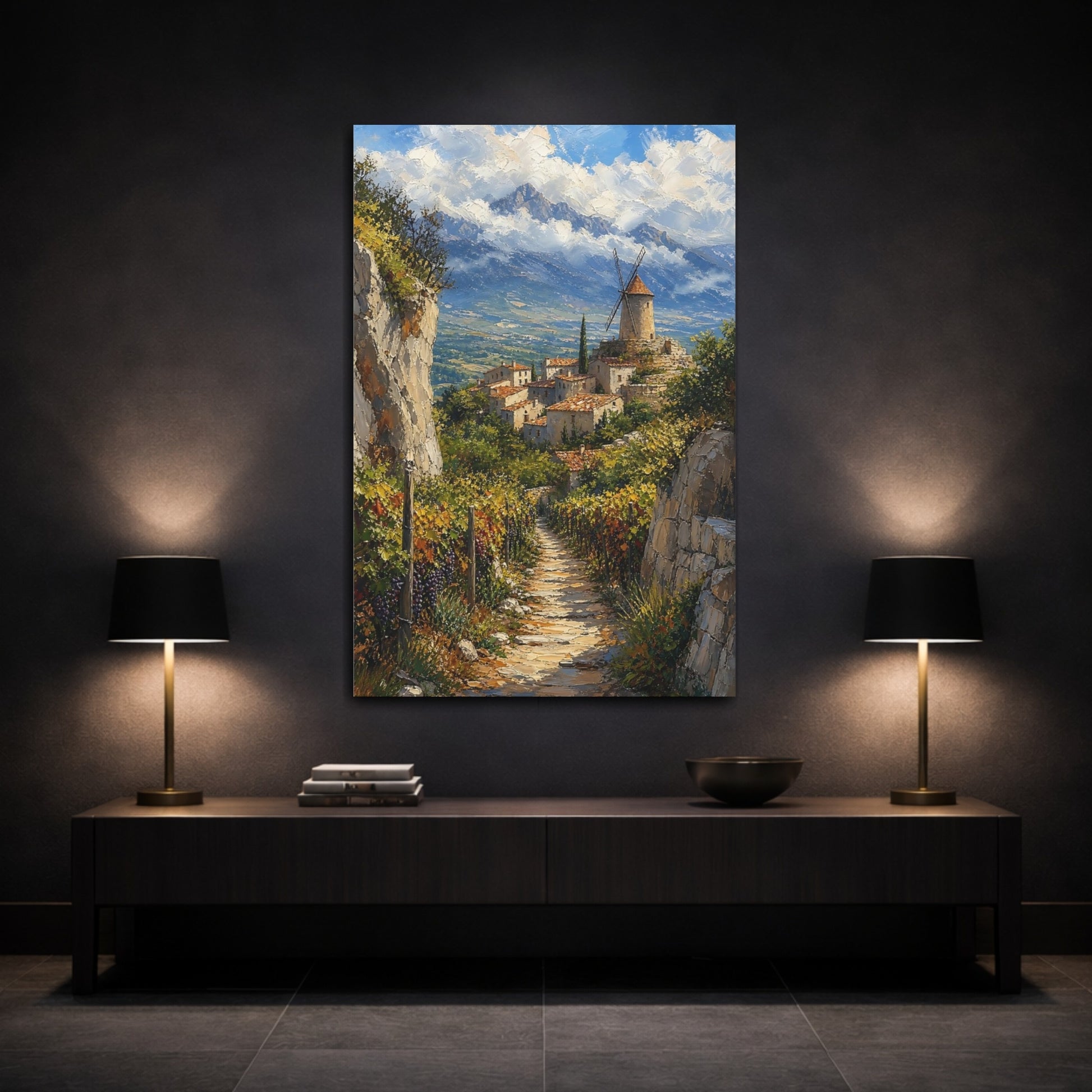 Mockup 3. Nature Village Windmill Mediterranean Village shown as stretched canvas wall art
