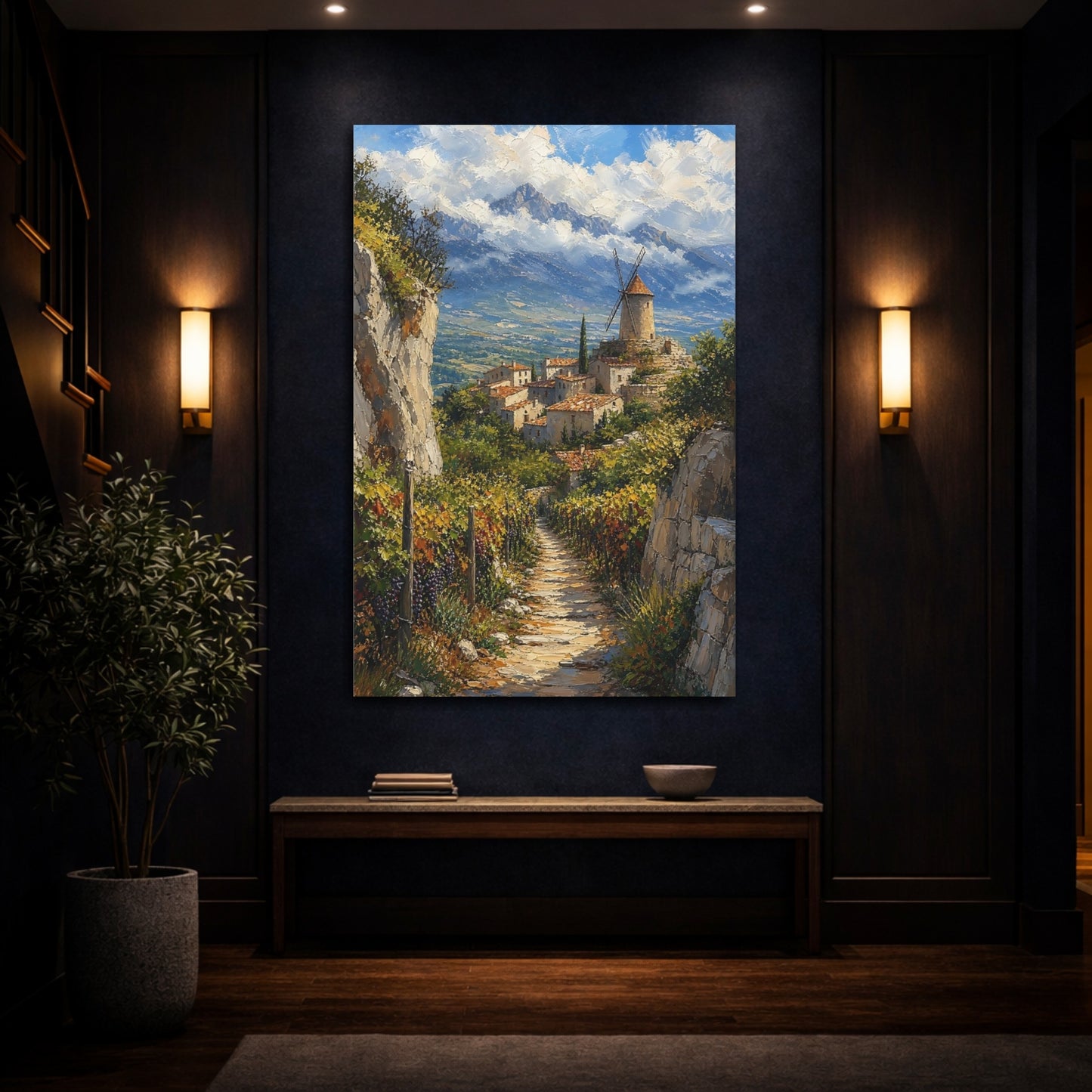 Mockup 4. Nature Village Windmill Mediterranean Village shown as stretched canvas wall art