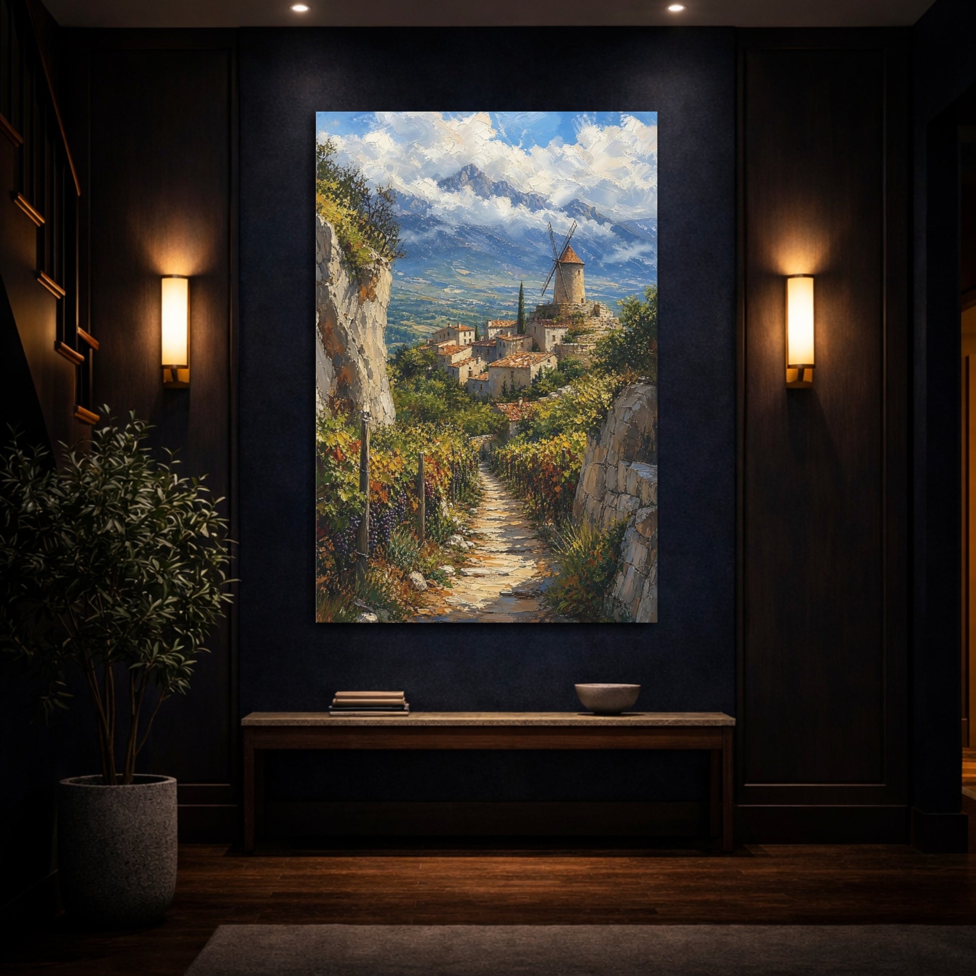 Mockup 4. Nature Village Windmill Mediterranean Village shown as stretched canvas wall art