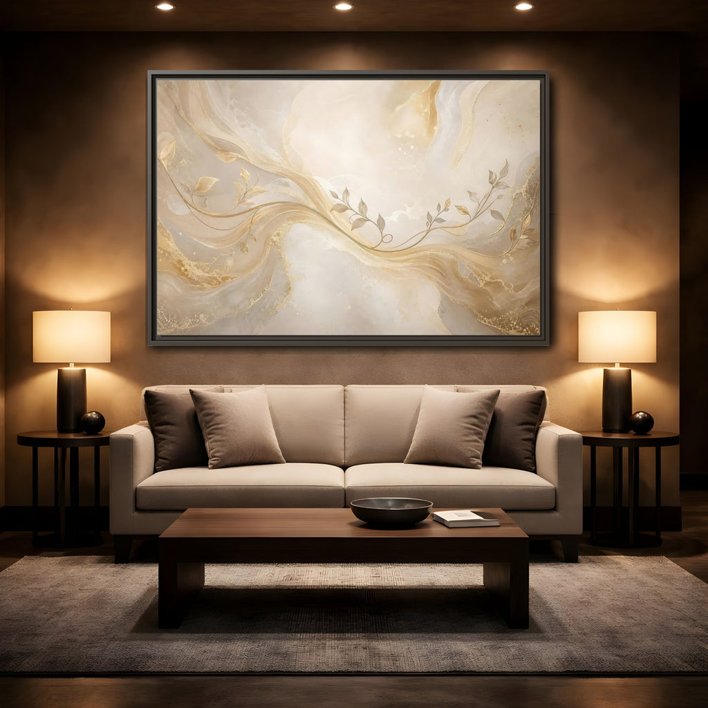 Mockup 2. Nature Vine Branches Gold And Beige shown as stretched canvas wall art