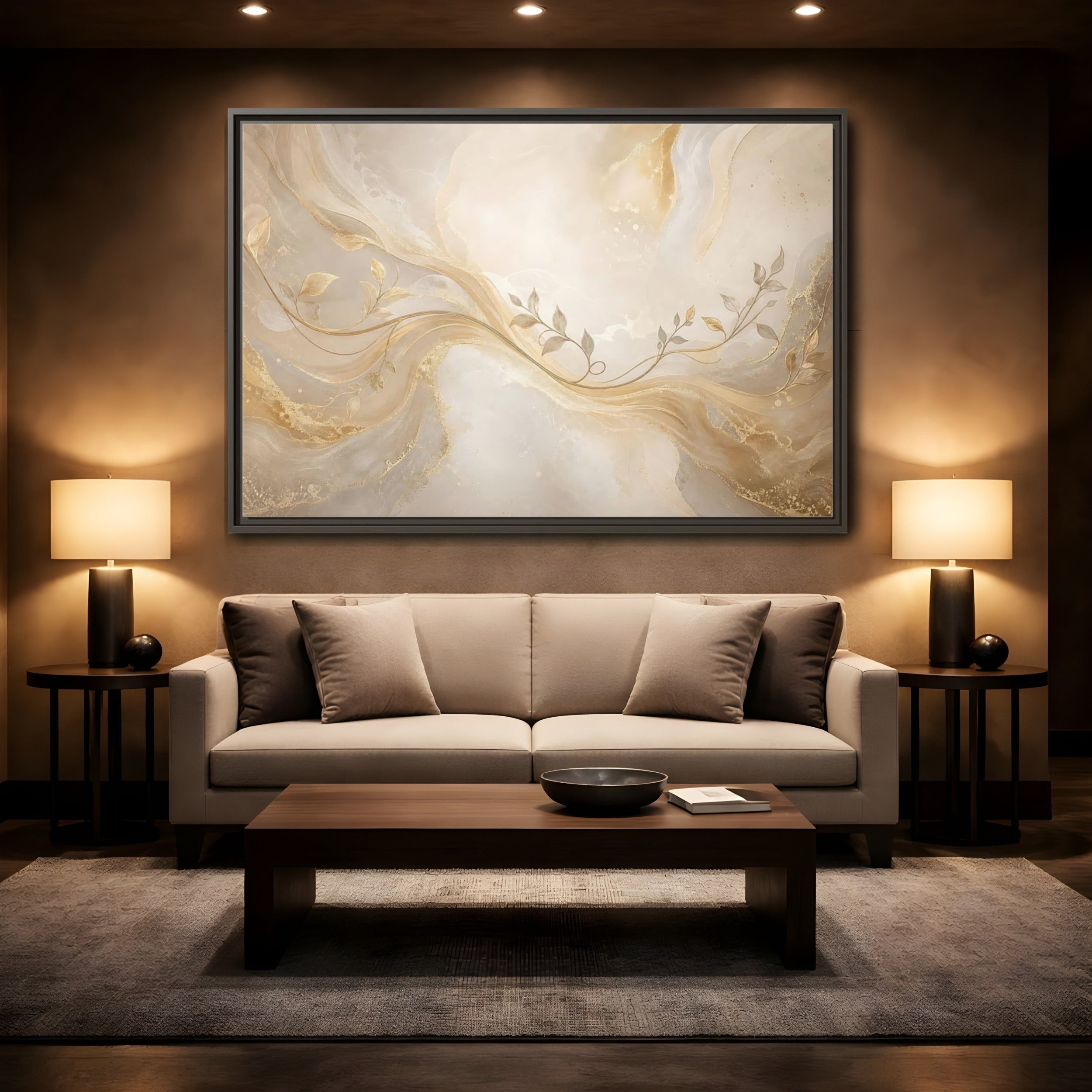 Mockup 2. Nature Vine Branches Gold And Beige shown as stretched canvas wall art