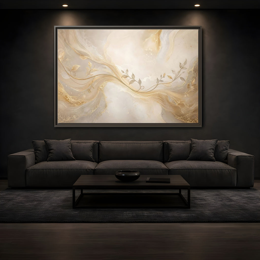 Mockup 3. Nature Vine Branches Gold And Beige shown as stretched canvas wall art