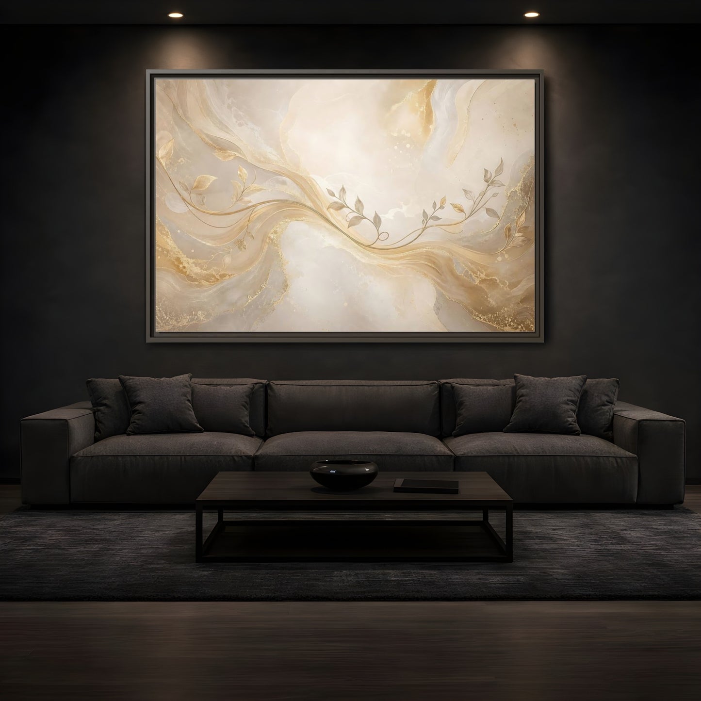 Mockup 3. Nature Vine Branches Gold And Beige shown as stretched canvas wall art
