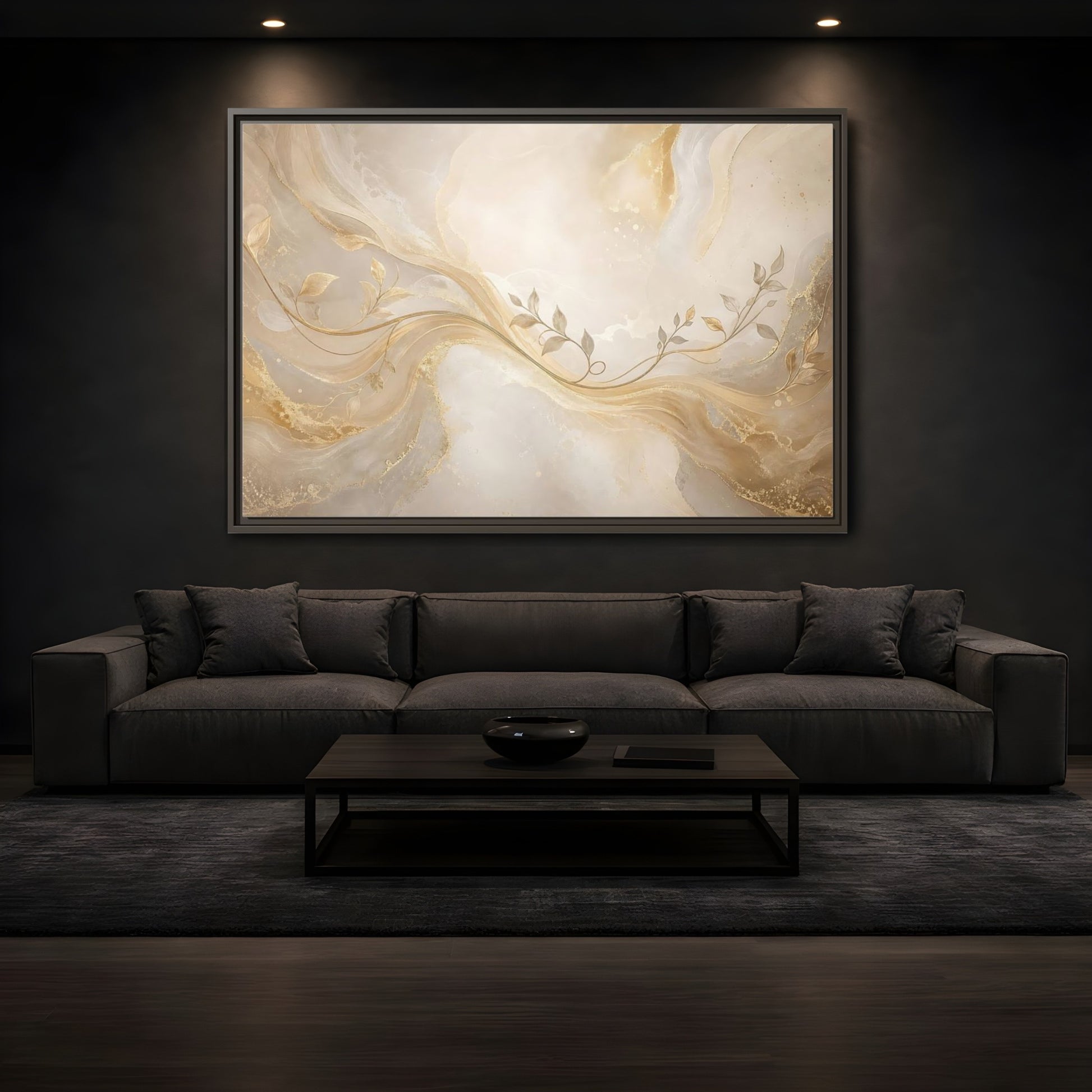 Mockup 3. Nature Vine Branches Gold And Beige shown as stretched canvas wall art
