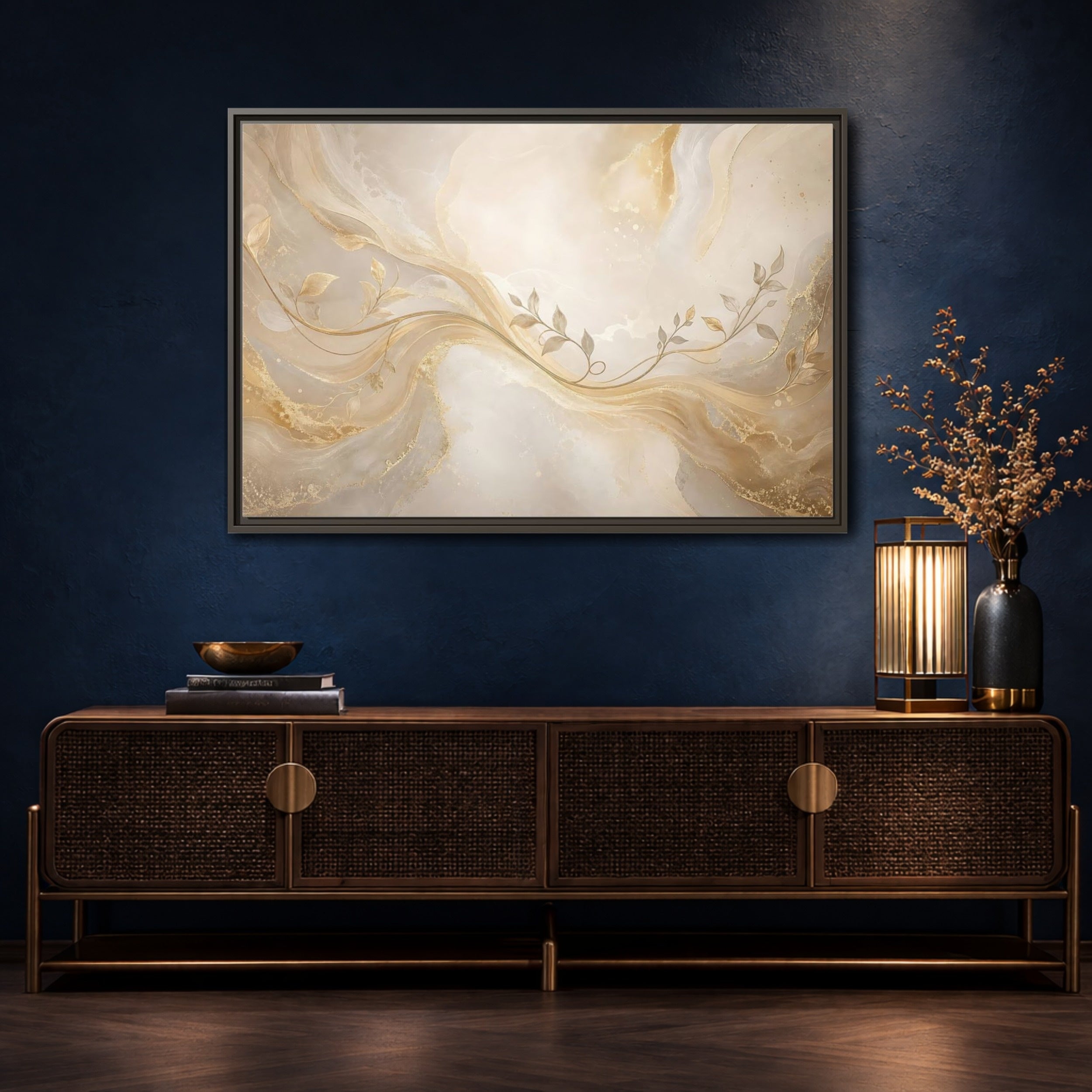 Mockup 4. Nature Vine Branches Gold And Beige shown as stretched canvas wall art