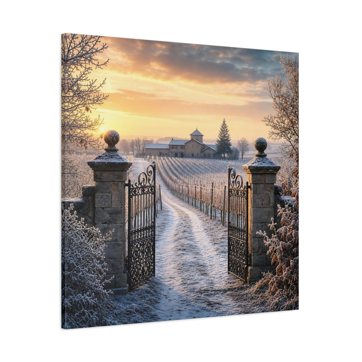 Side Mockup 1. Nature Vineyard Gate Winter Vineyard Sunset shown as stretched canvas wall art