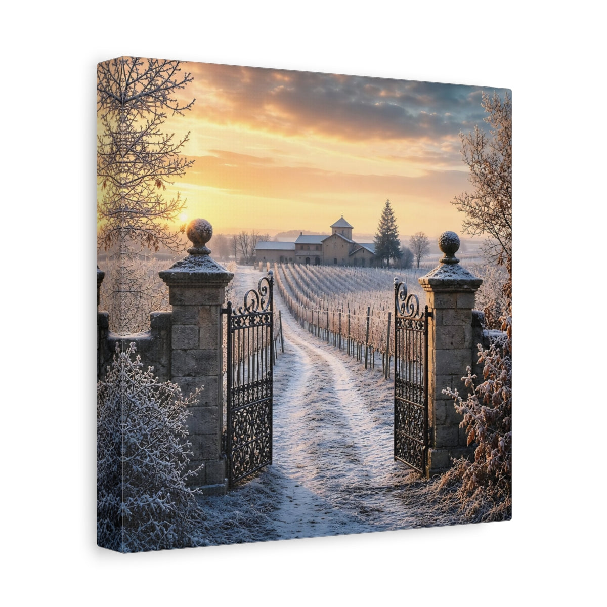 Side Mockup 9. Nature Vineyard Gate Winter Vineyard Sunset shown as stretched canvas wall art