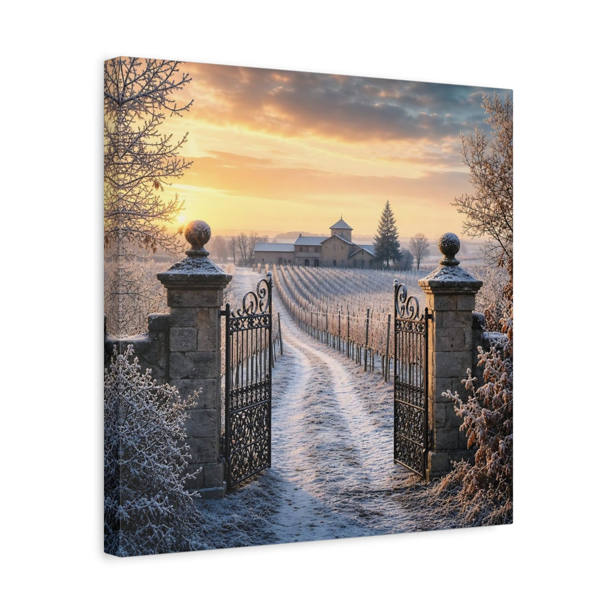 Side Mockup 6. Nature Vineyard Gate Winter Vineyard Sunset shown as stretched canvas wall art