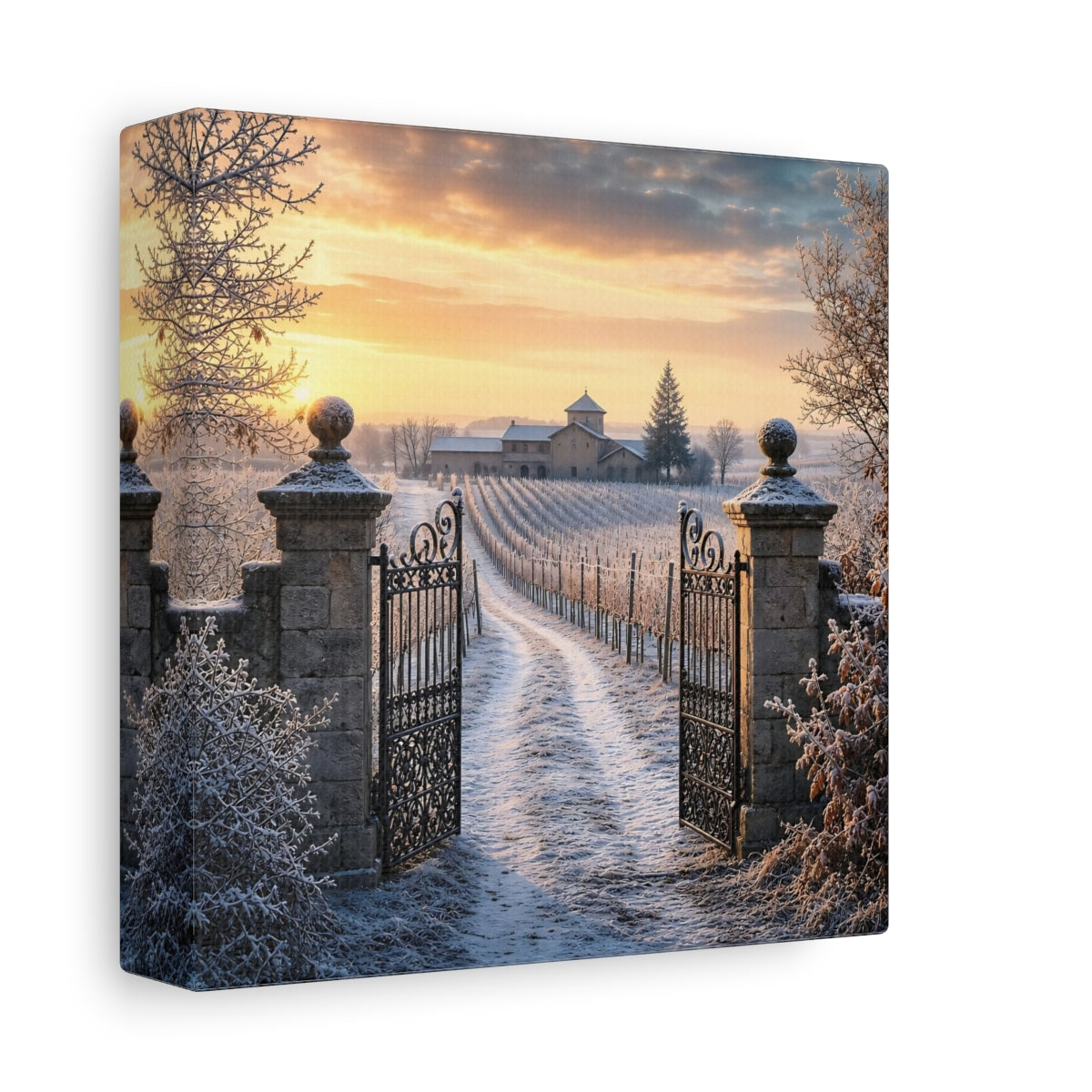 Side Mockup 2. Nature Vineyard Gate Winter Vineyard Sunset shown as stretched canvas wall art