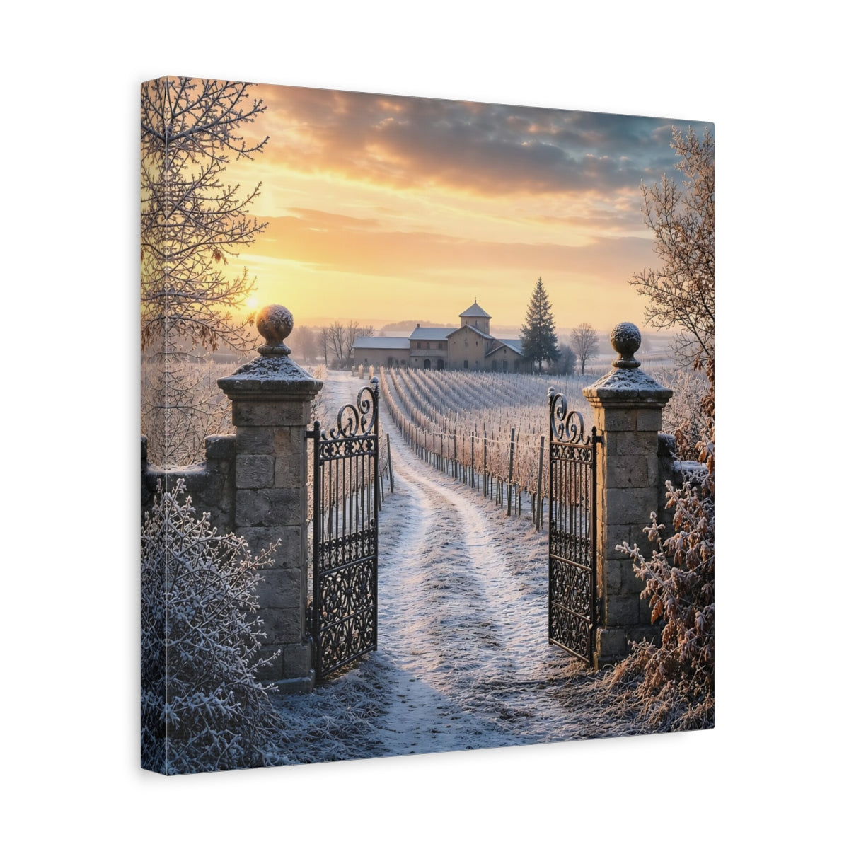 Side Mockup 7. Nature Vineyard Gate Winter Vineyard Sunset shown as stretched canvas wall art