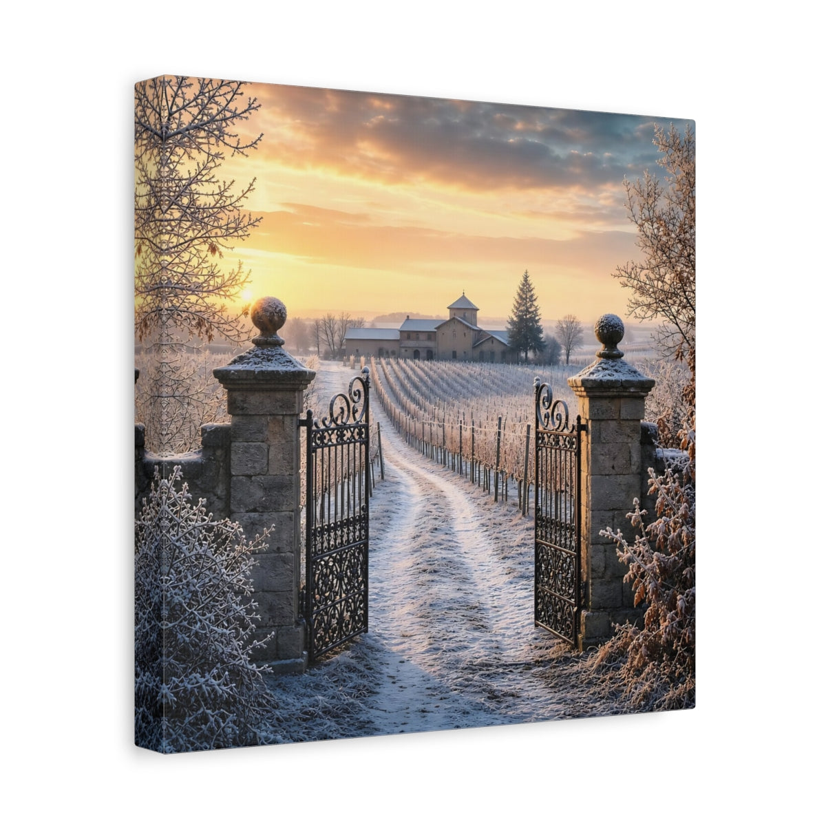Side Mockup 8. Nature Vineyard Gate Winter Vineyard Sunset shown as stretched canvas wall art