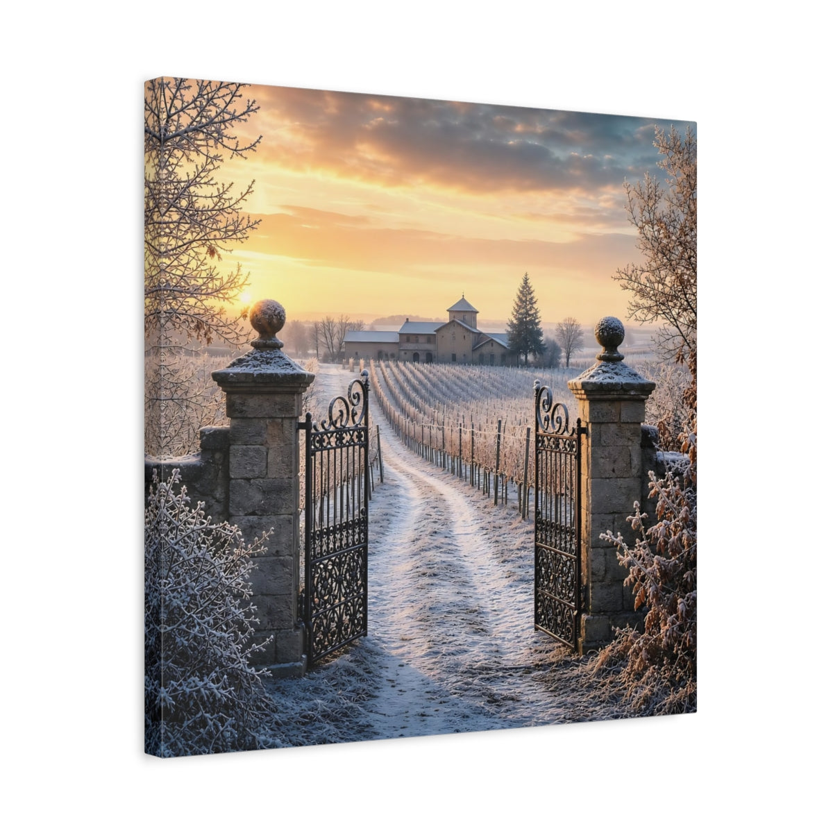 Side Mockup 5. Nature Vineyard Gate Winter Vineyard Sunset shown as stretched canvas wall art