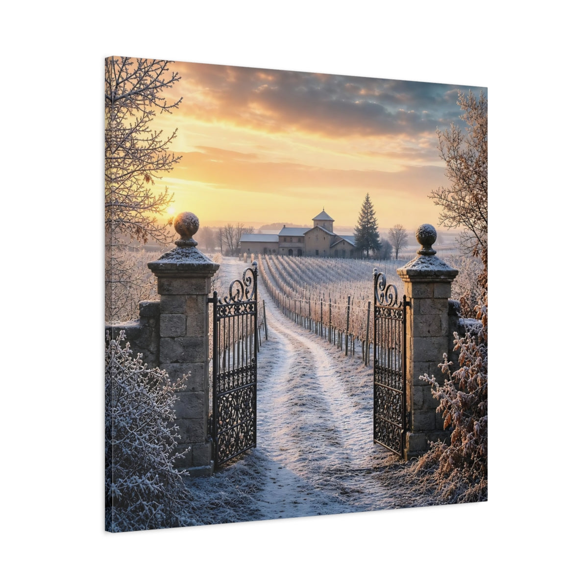 Main Mockup. Nature Vineyard Gate Winter Vineyard Sunset shown as stretched canvas wall art