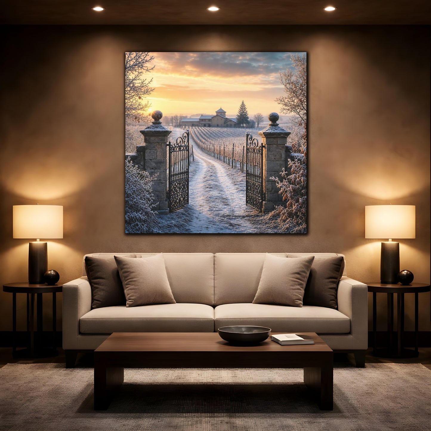 Mockup 2. Nature Vineyard Gate Winter Vineyard Sunset shown as stretched canvas wall art