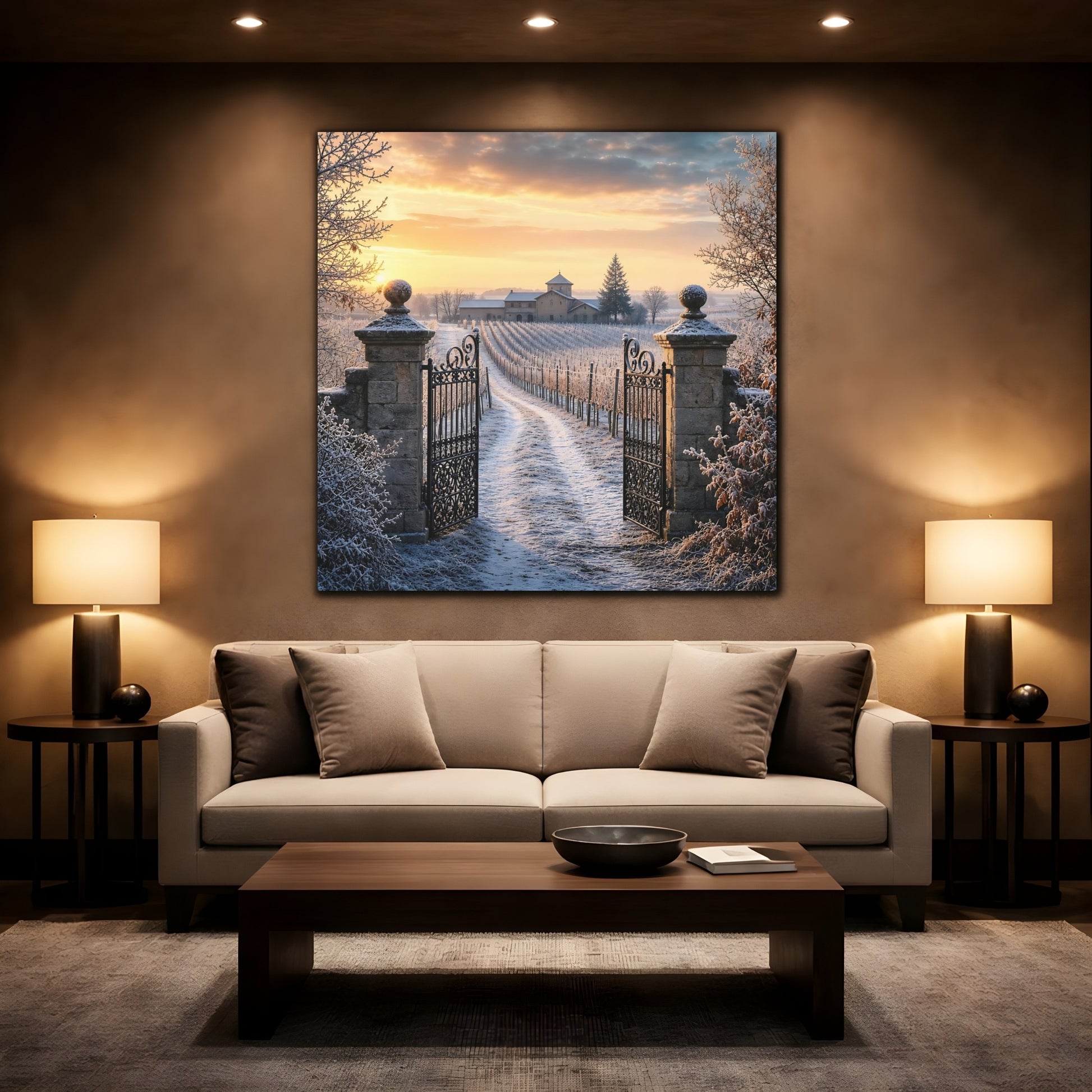 Mockup 2. Nature Vineyard Gate Winter Vineyard Sunset shown as stretched canvas wall art