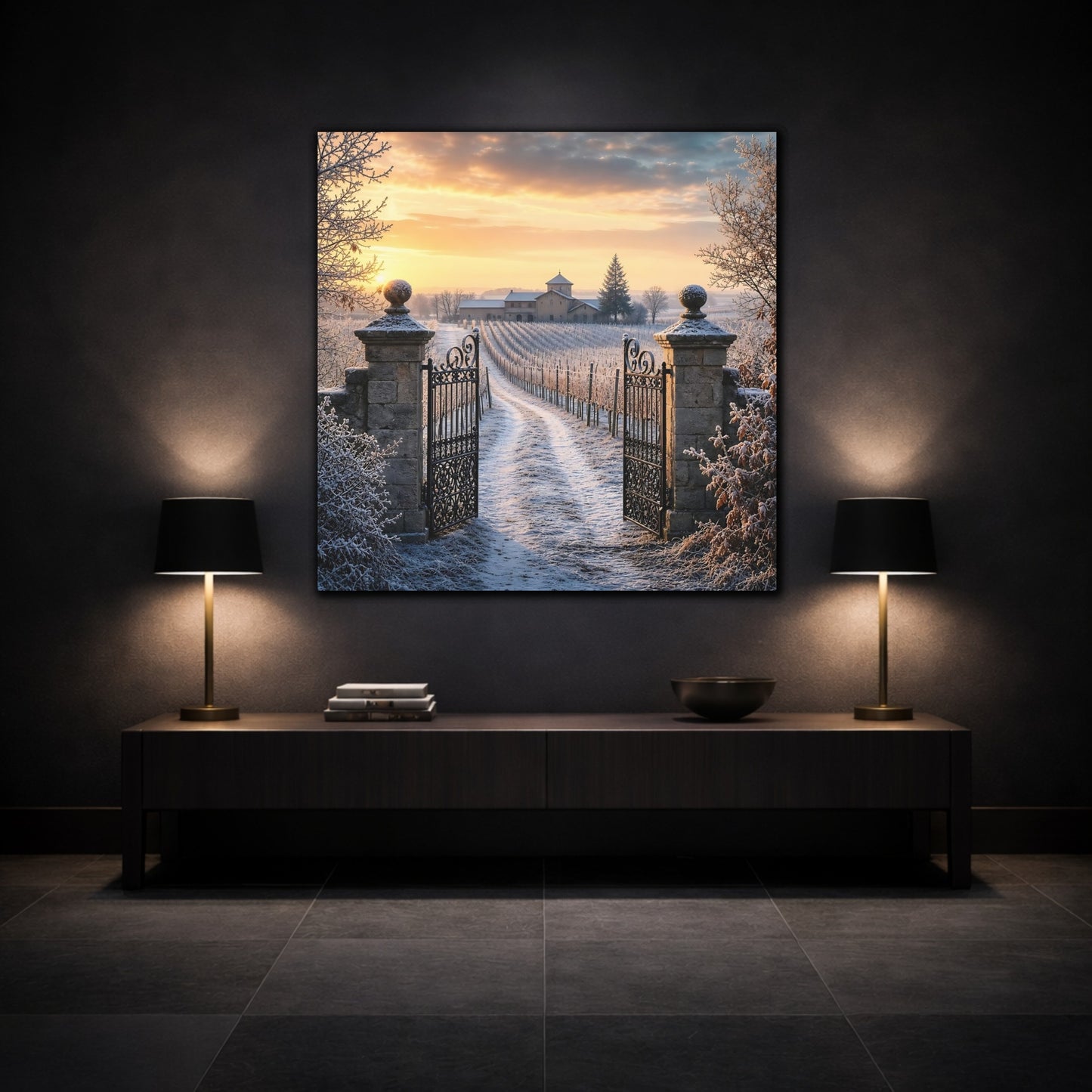 Mockup 3. Nature Vineyard Gate Winter Vineyard Sunset shown as stretched canvas wall art