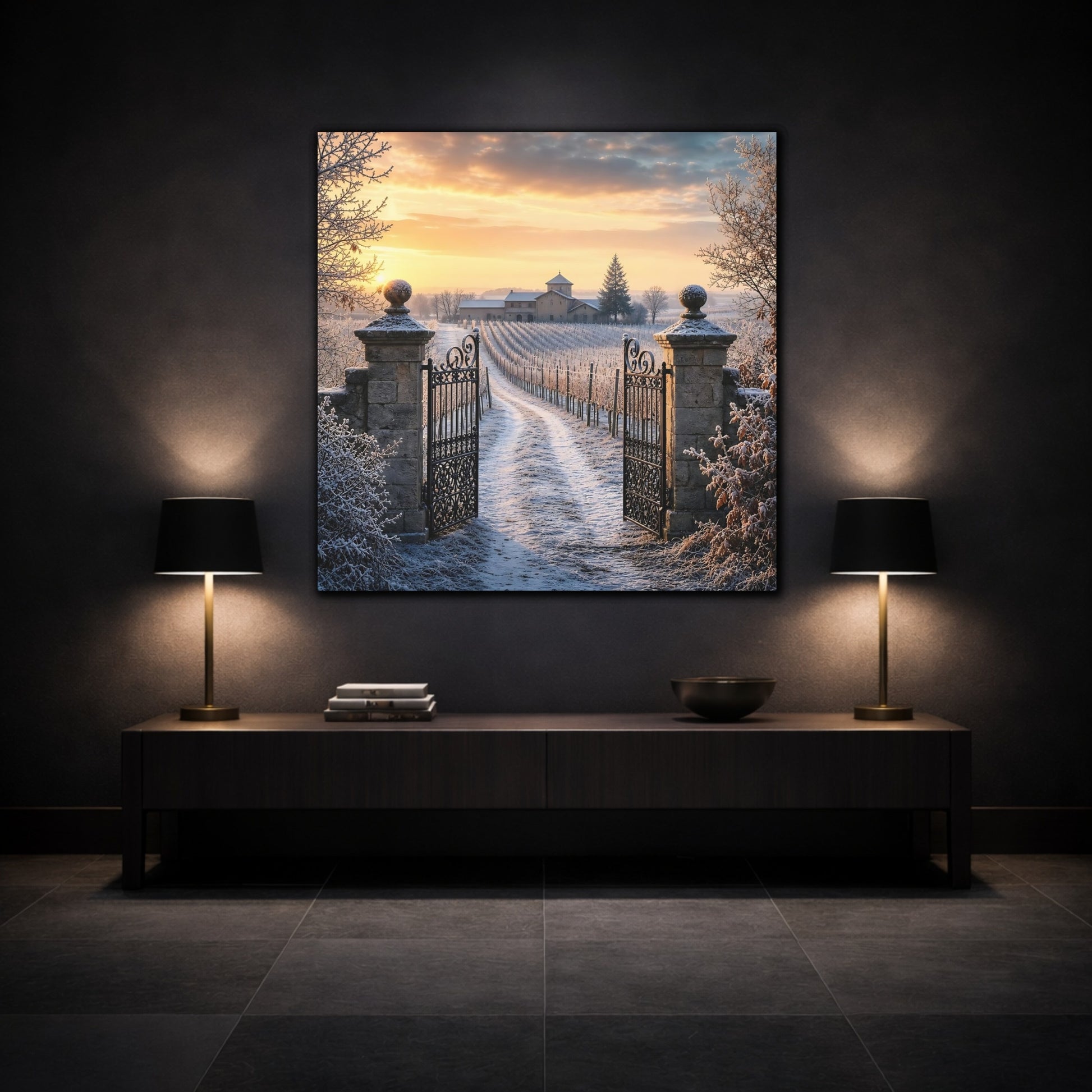 Mockup 3. Nature Vineyard Gate Winter Vineyard Sunset shown as stretched canvas wall art