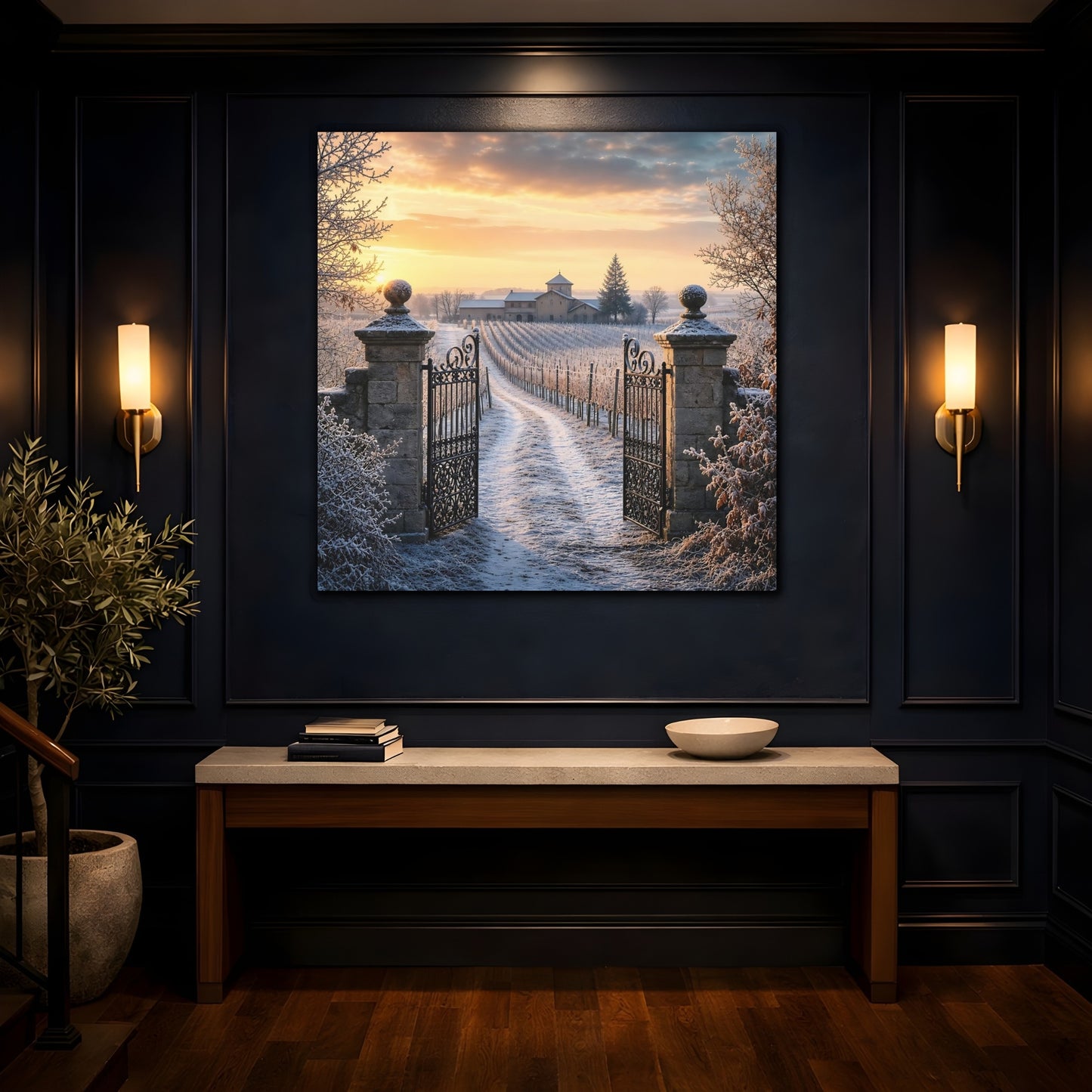 Mockup 4. Nature Vineyard Gate Winter Vineyard Sunset shown as stretched canvas wall art