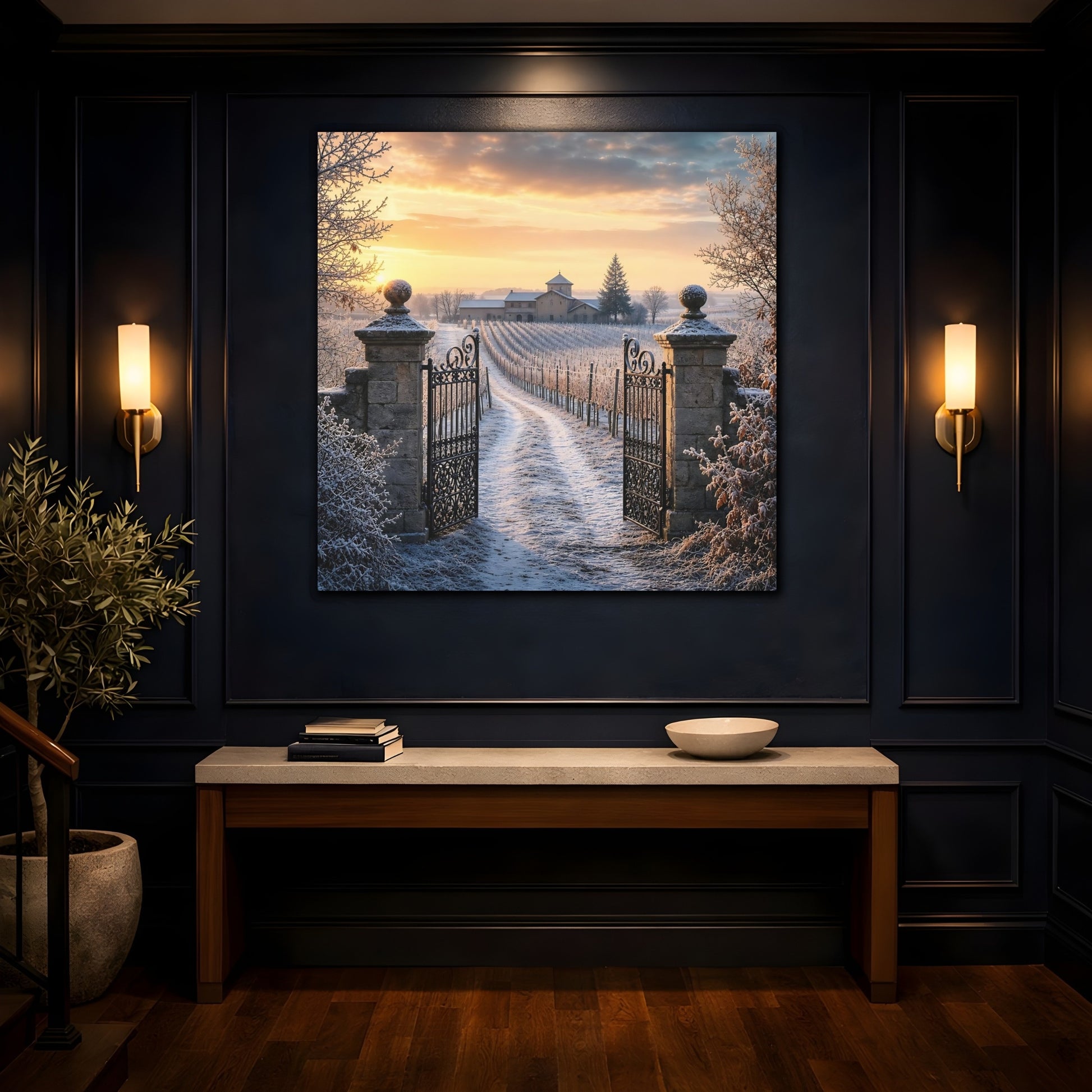 Mockup 4. Nature Vineyard Gate Winter Vineyard Sunset shown as stretched canvas wall art