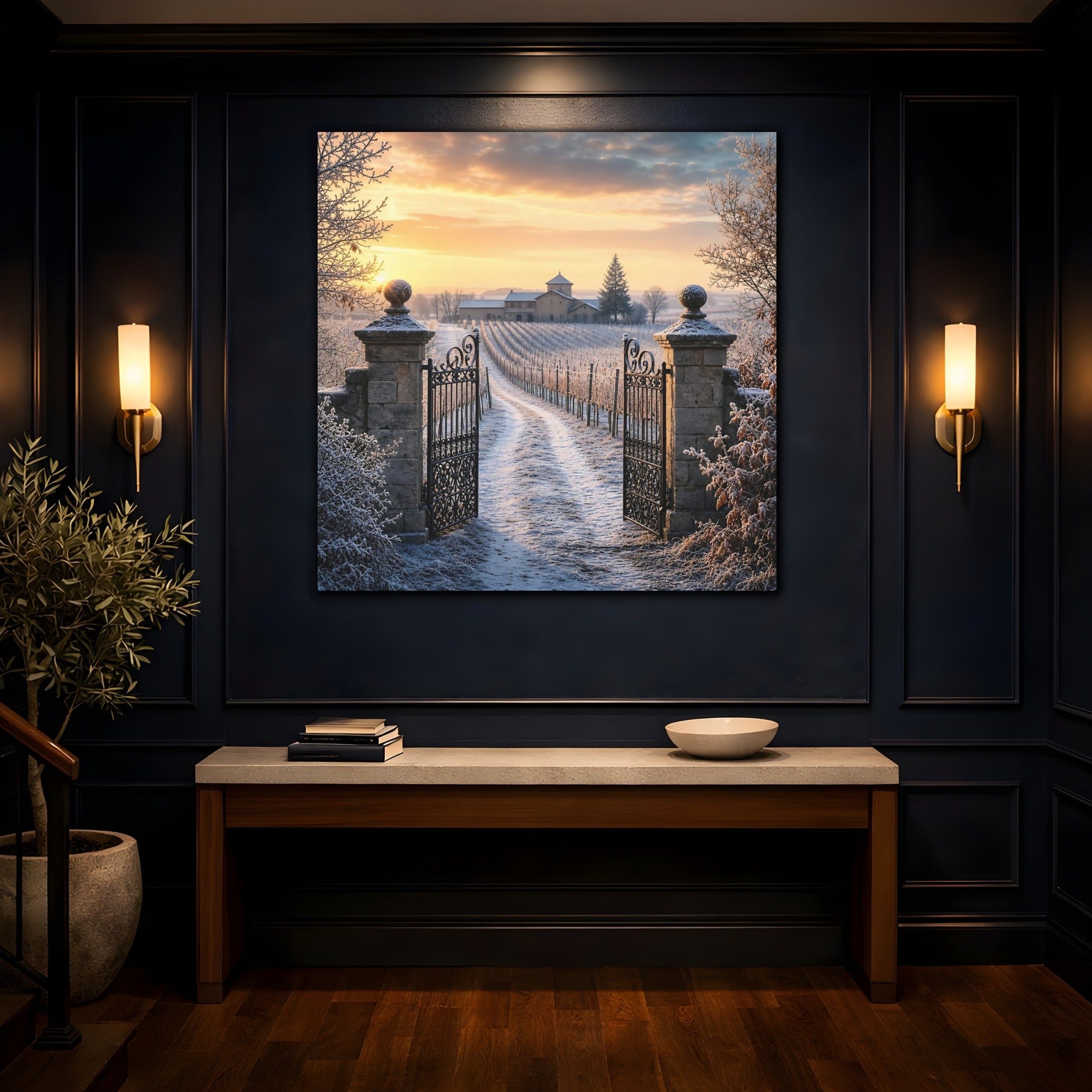 Mockup 4. Nature Vineyard Gate Winter Vineyard Sunset shown as stretched canvas wall art