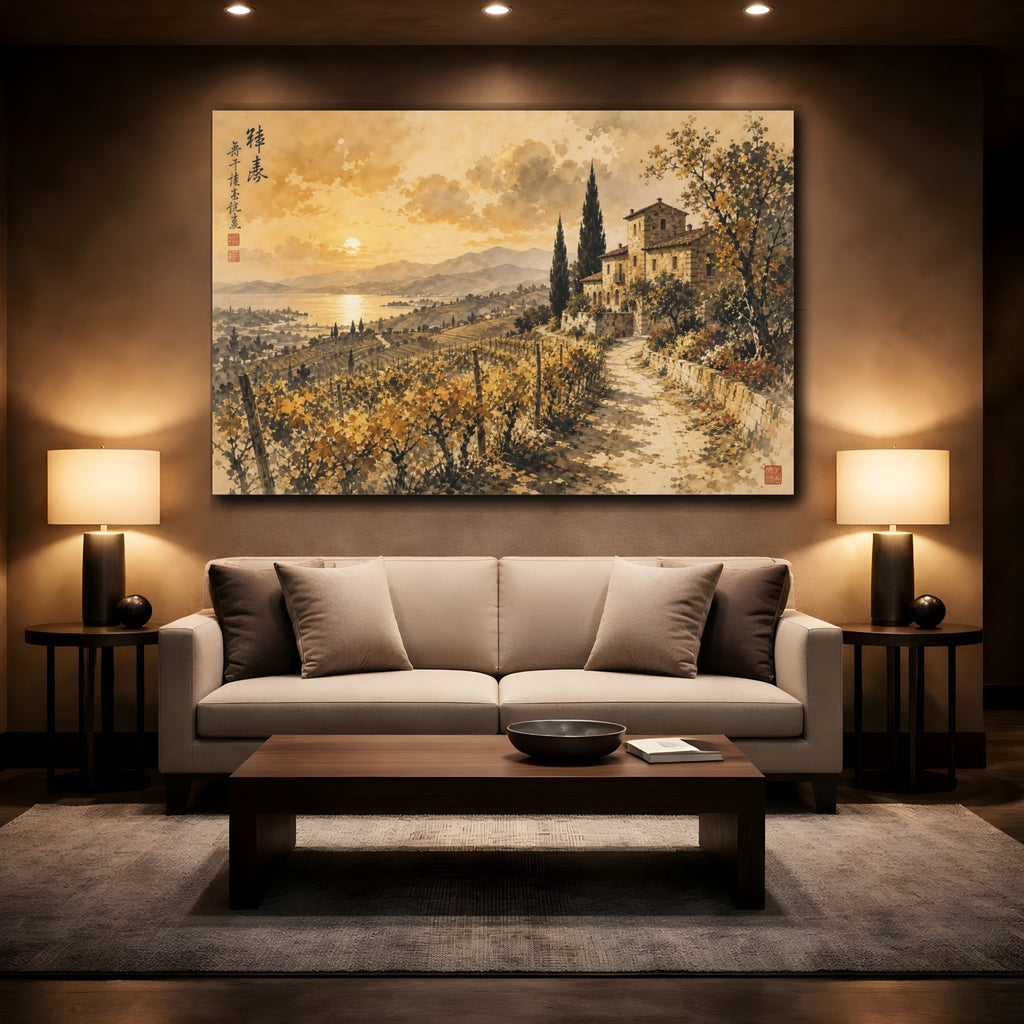 Mockup 2. Nature Vineyard Golden Landscape shown as stretched canvas wall art