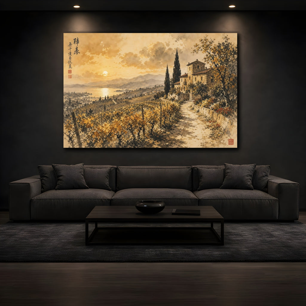 Mockup 3. Nature Vineyard Golden Landscape shown as stretched canvas wall art