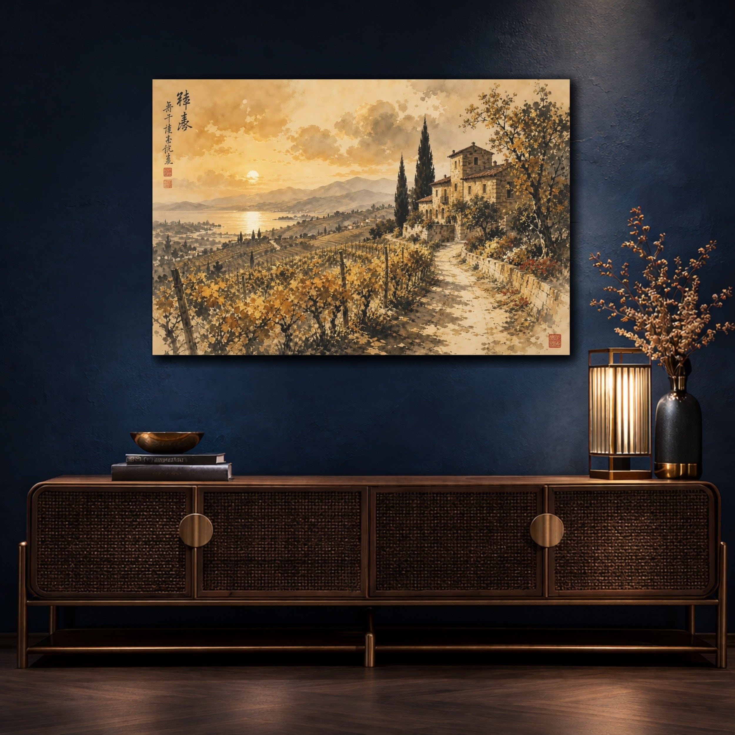 Mockup 4. Nature Vineyard Golden Landscape shown as stretched canvas wall art