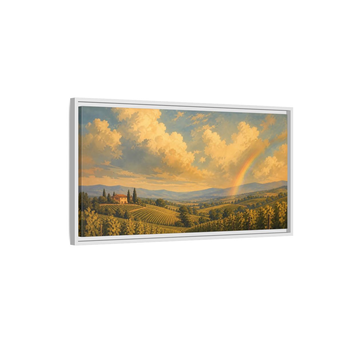 Side Mockup 1. Nature Vineyard Golden Sky Landscape shown as stretched canvas wall art