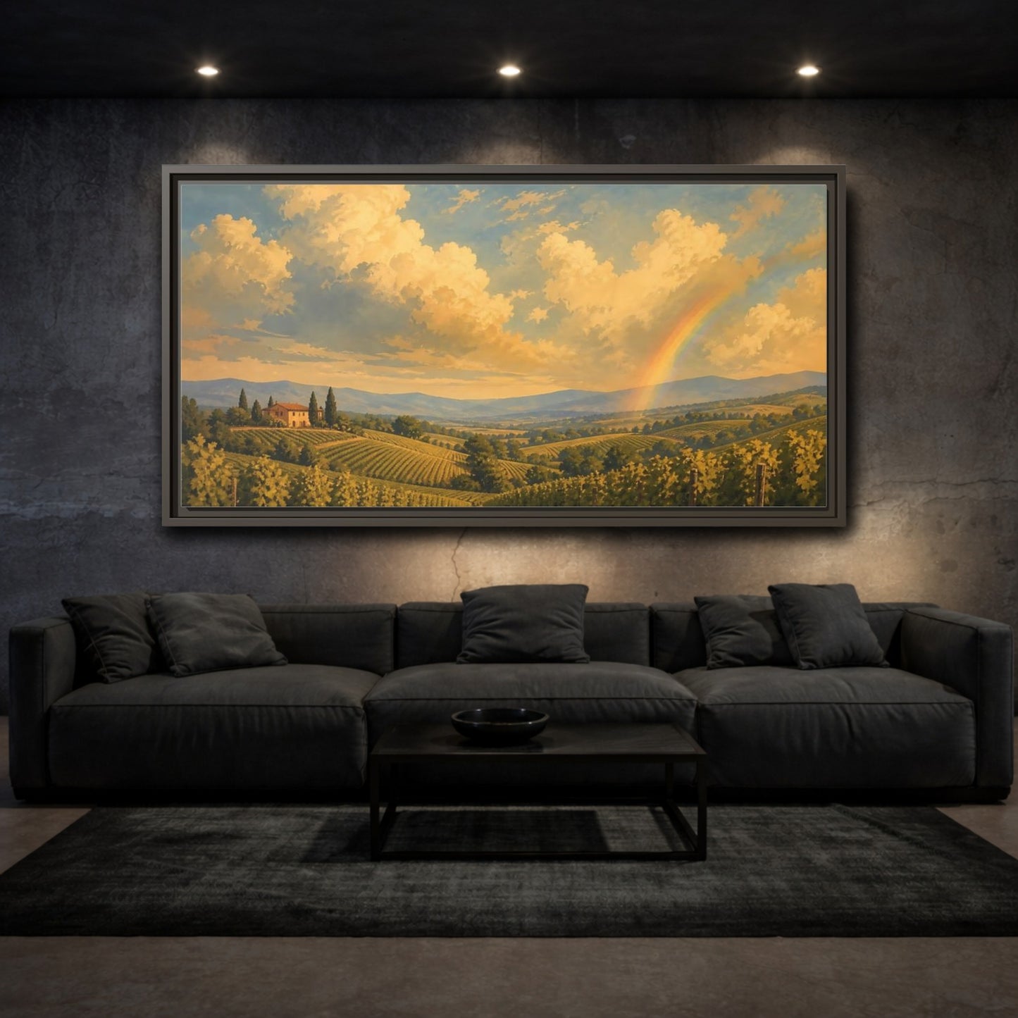 Mockup 3. Nature Vineyard Golden Sky Landscape shown as stretched canvas wall art