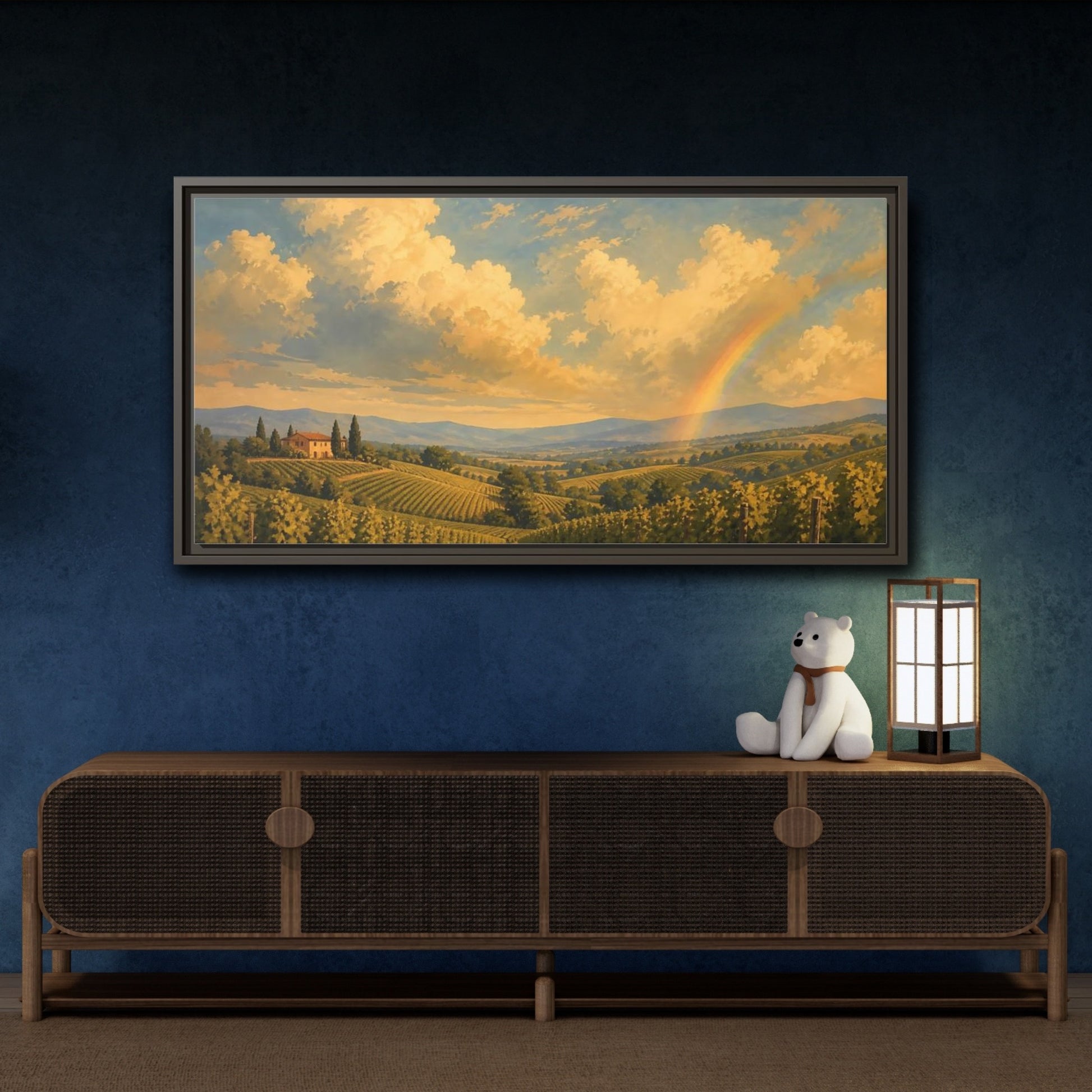 Mockup 4. Nature Vineyard Golden Sky Landscape shown as stretched canvas wall art