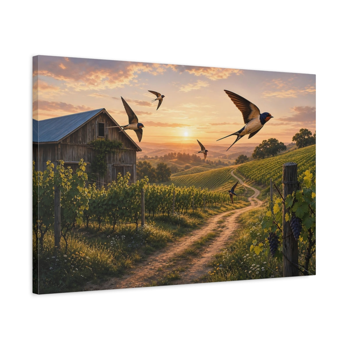 Side Mockup 2. Nature Vineyard Golden Sunset Vineyard shown as stretched canvas wall art