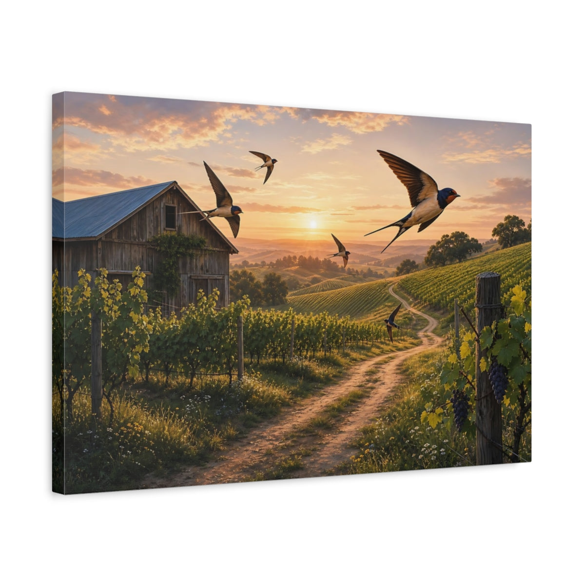 Side Mockup 3. Nature Vineyard Golden Sunset Vineyard shown as stretched canvas wall art