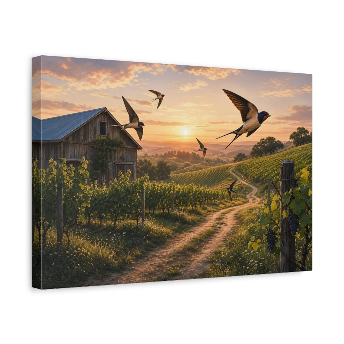 Side Mockup 4. Nature Vineyard Golden Sunset Vineyard shown as stretched canvas wall art