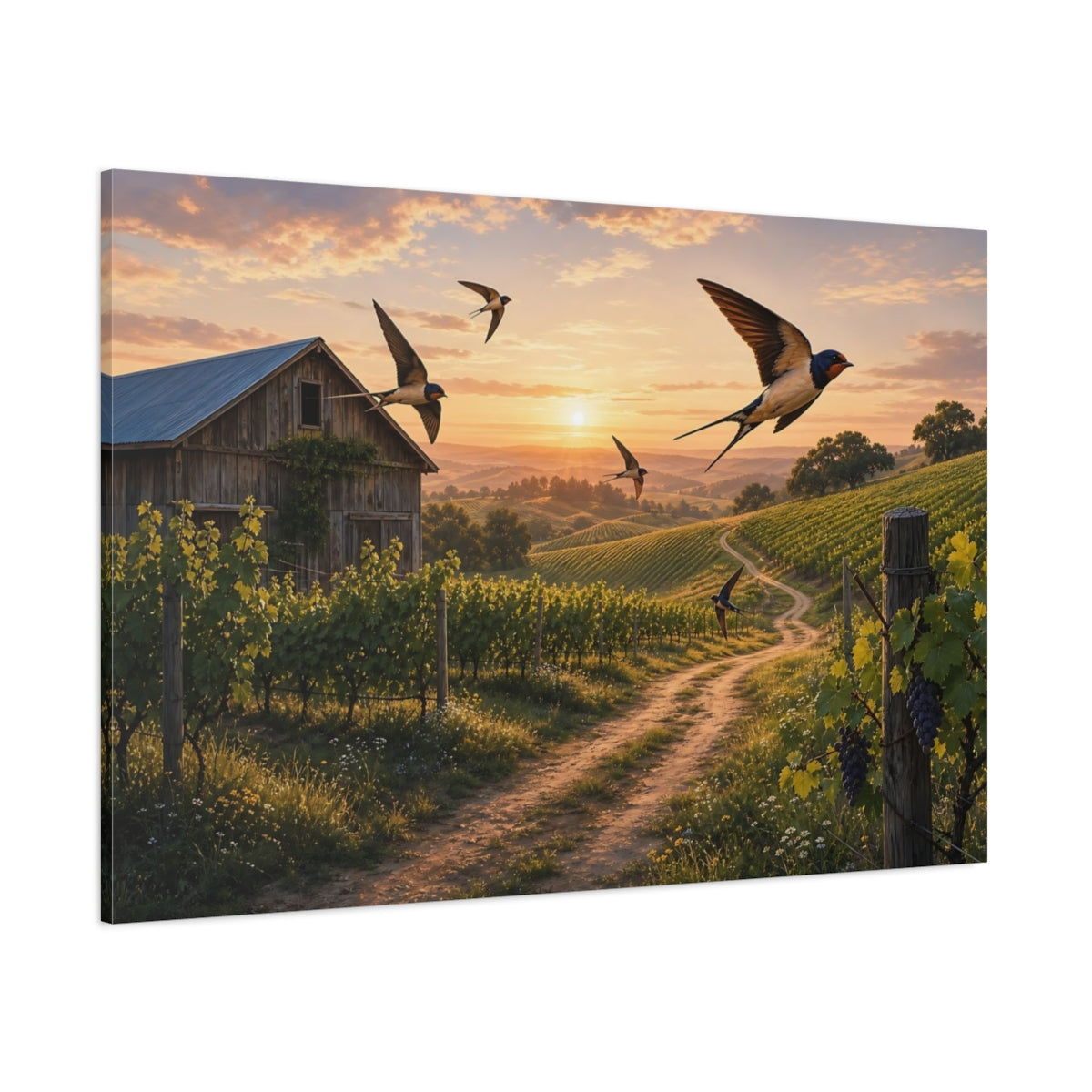 Side Mockup 1. Nature Vineyard Golden Sunset Vineyard shown as stretched canvas wall art