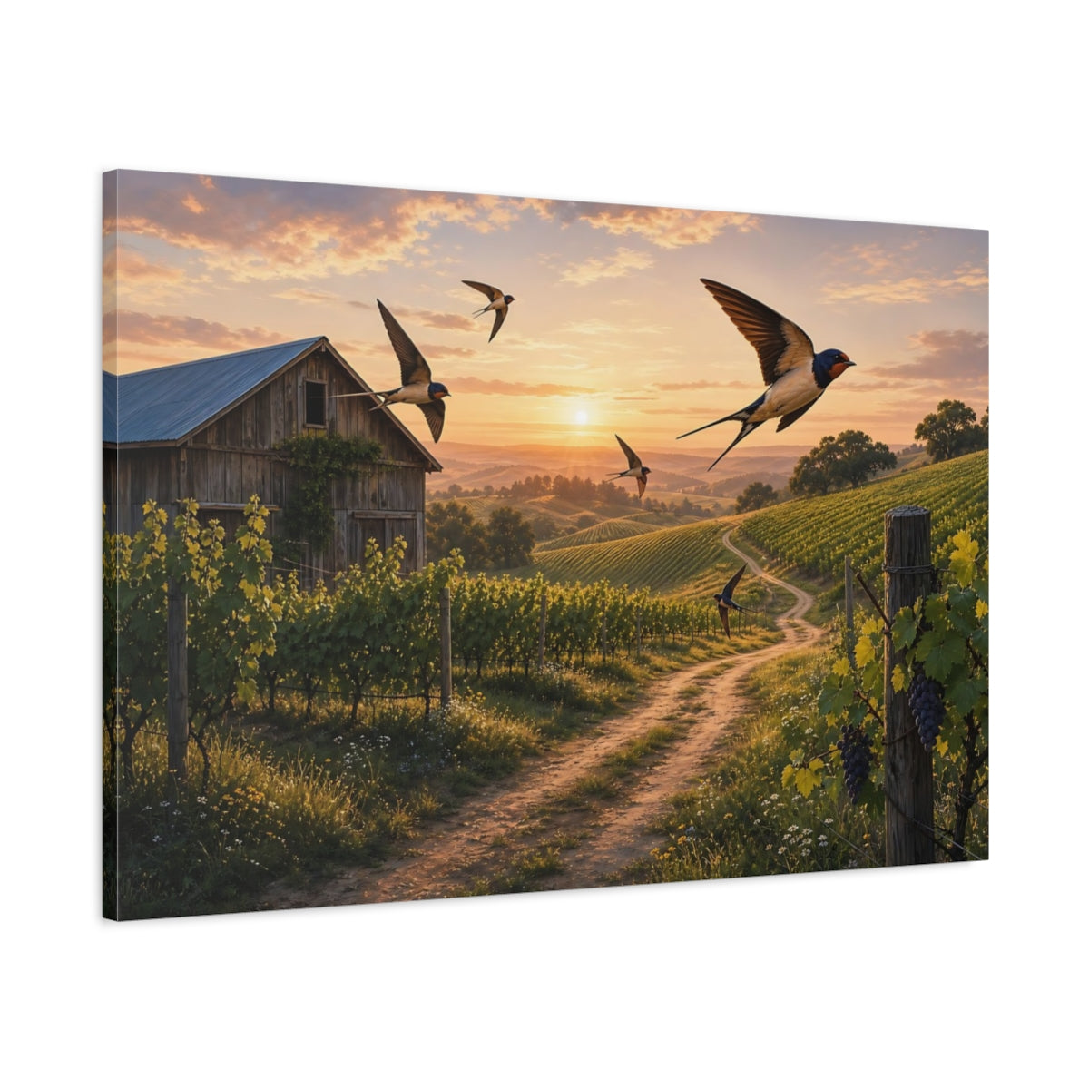 Main Mockup. Nature Vineyard Golden Sunset Vineyard shown as stretched canvas wall art
